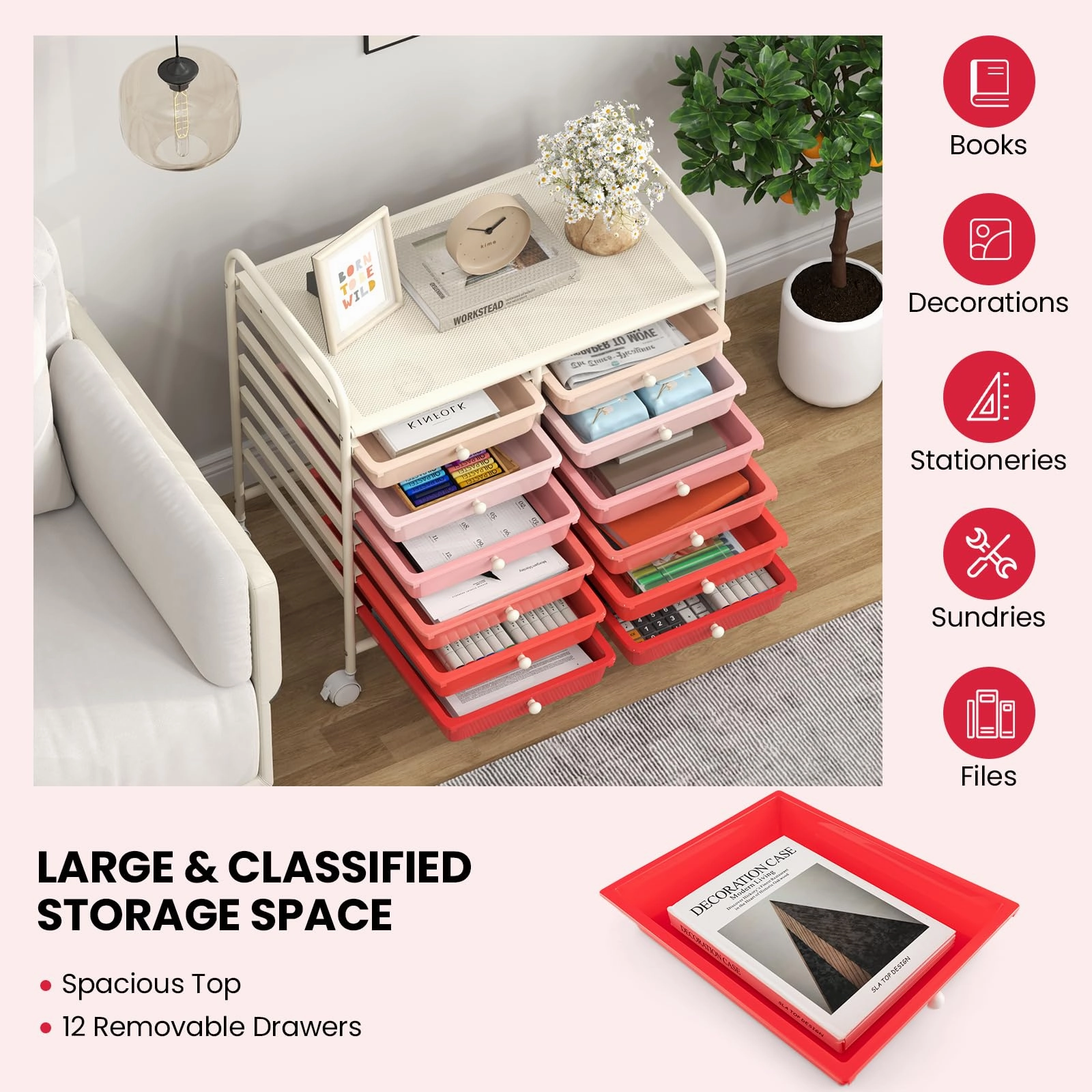 12 Drawers Rolling Cart for Office School Supplies - 25 x 15 x 24.5