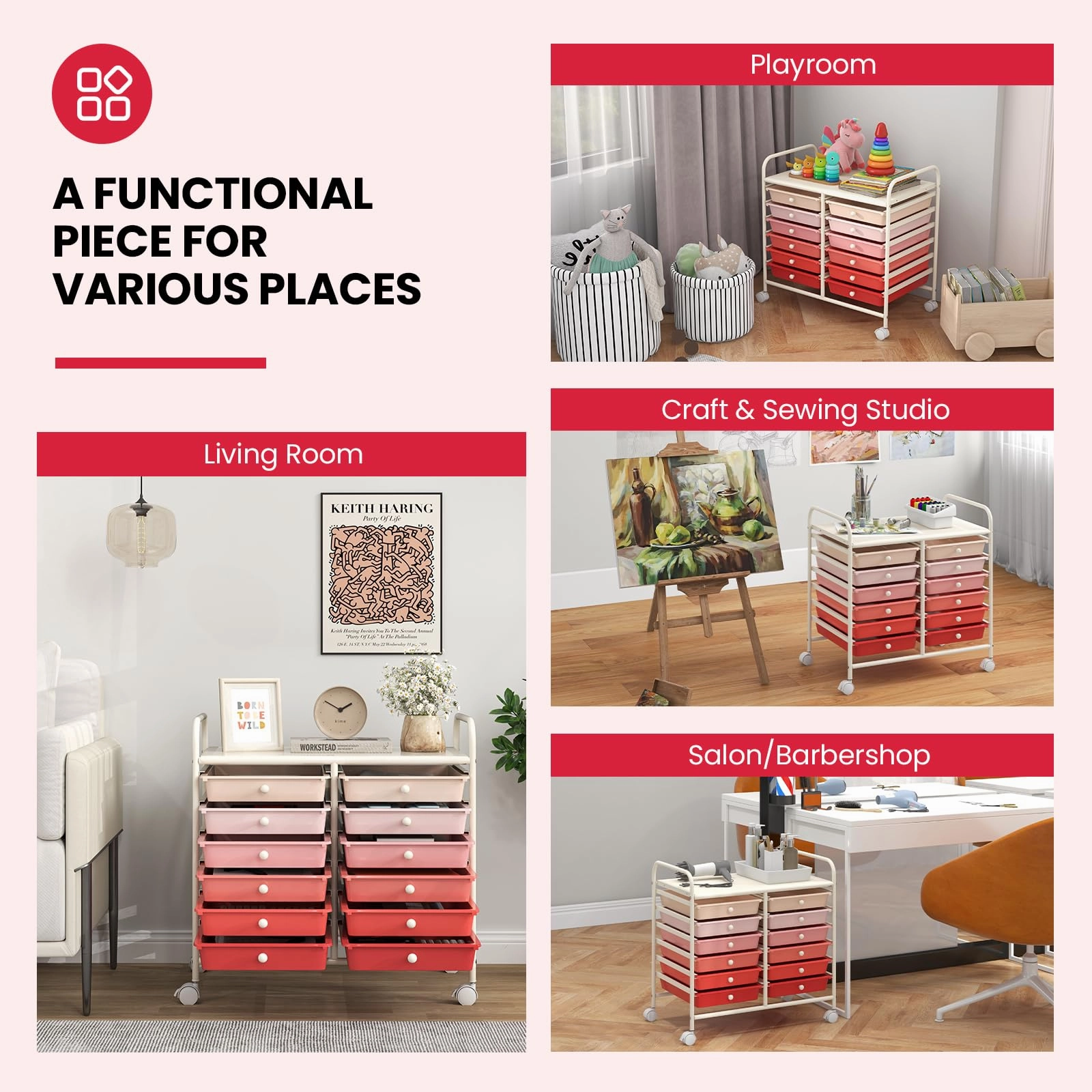 12 Drawers Rolling Cart for Office School Supplies - 25 x 15 x 24.5