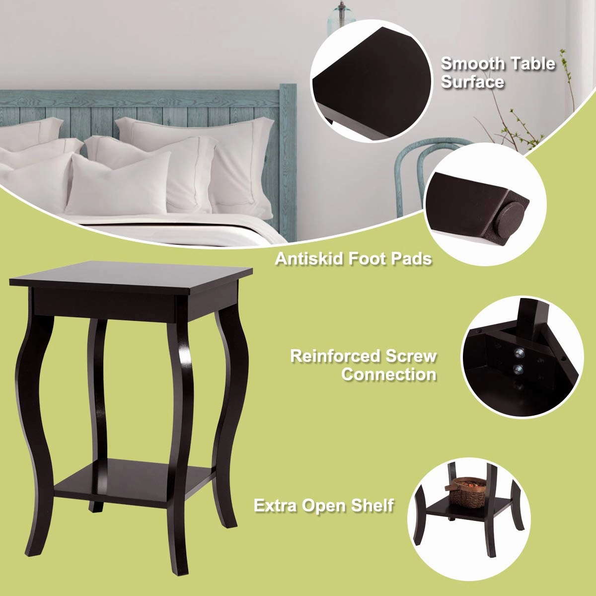 16" End Table W/Storage & Shelf Curved Legs Home Furniture for Living Room