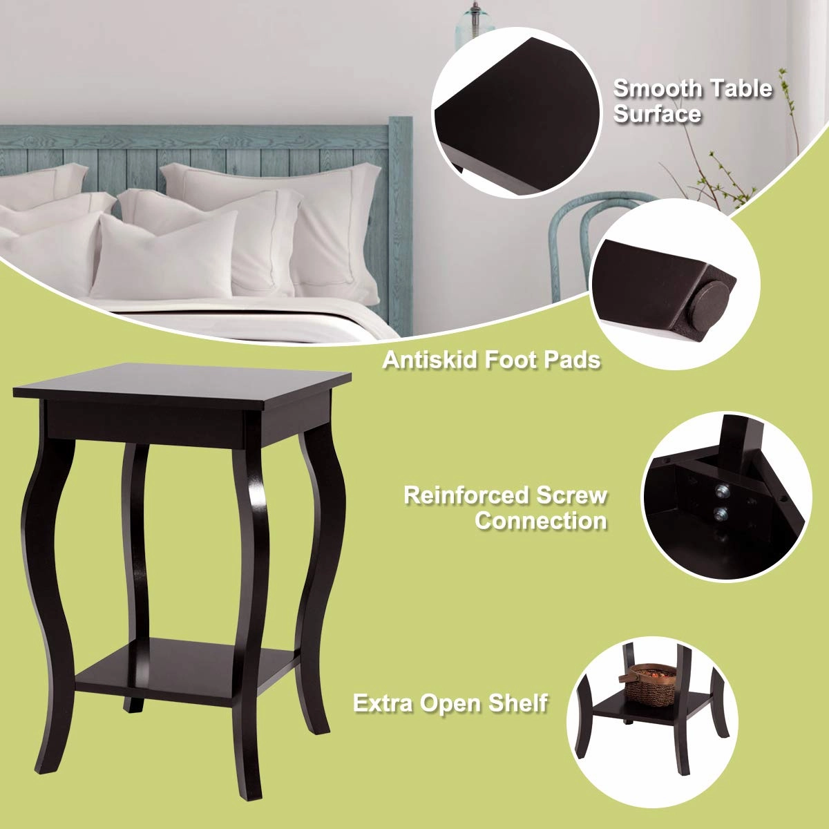 16" End Table W/Storage & Shelf Curved Legs Home Furniture for Living Room
