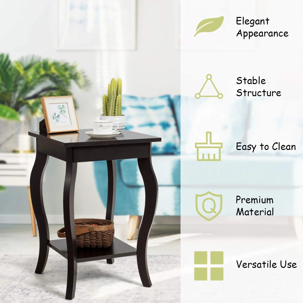 16" End Table W/Storage & Shelf Curved Legs Home Furniture for Living Room