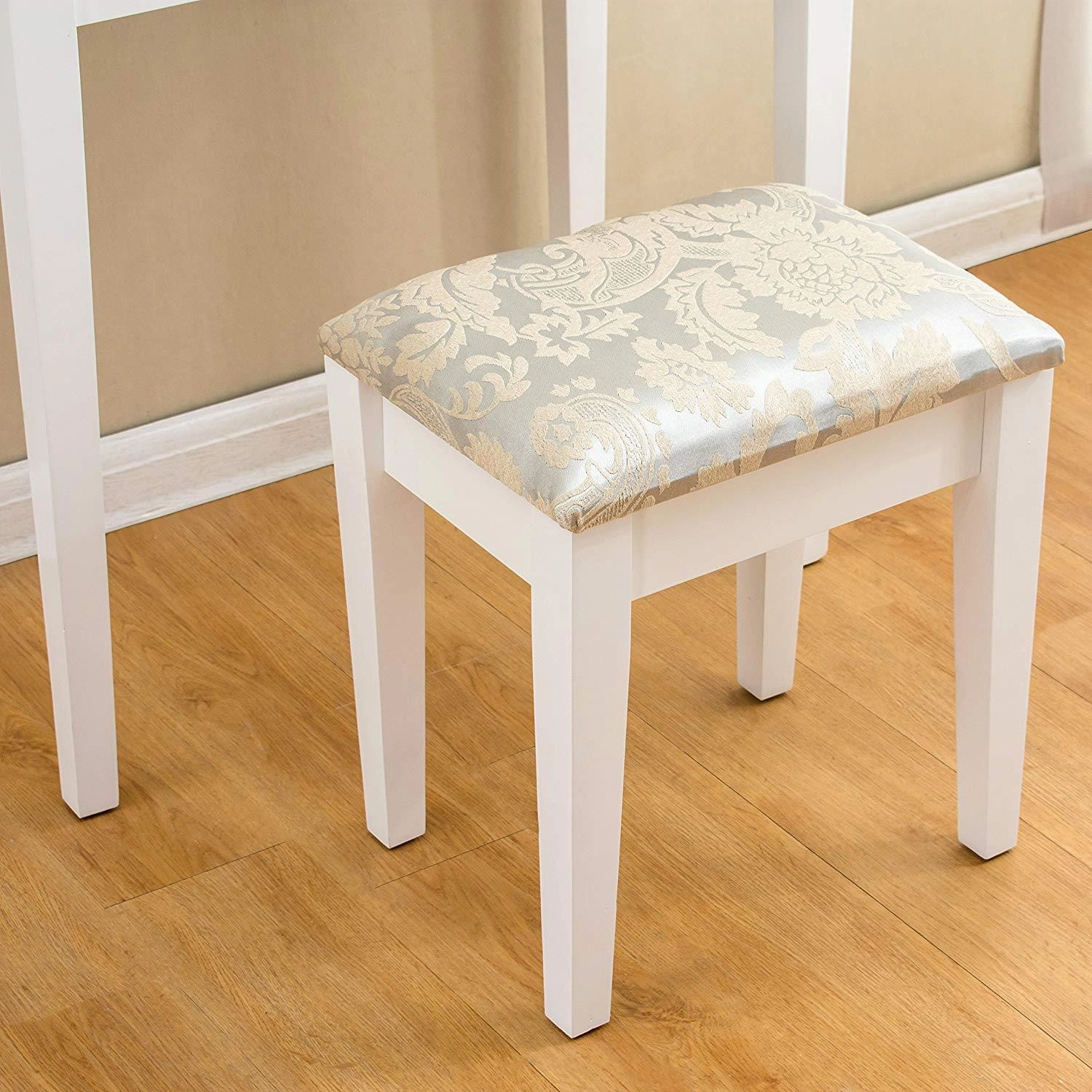 1-Drawer White Dressing Table with Stool & Single Square Mirror
