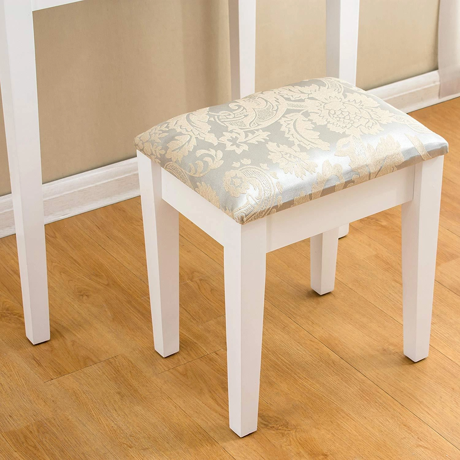 1-Drawer White Dressing Table with Stool & Single Square Mirror