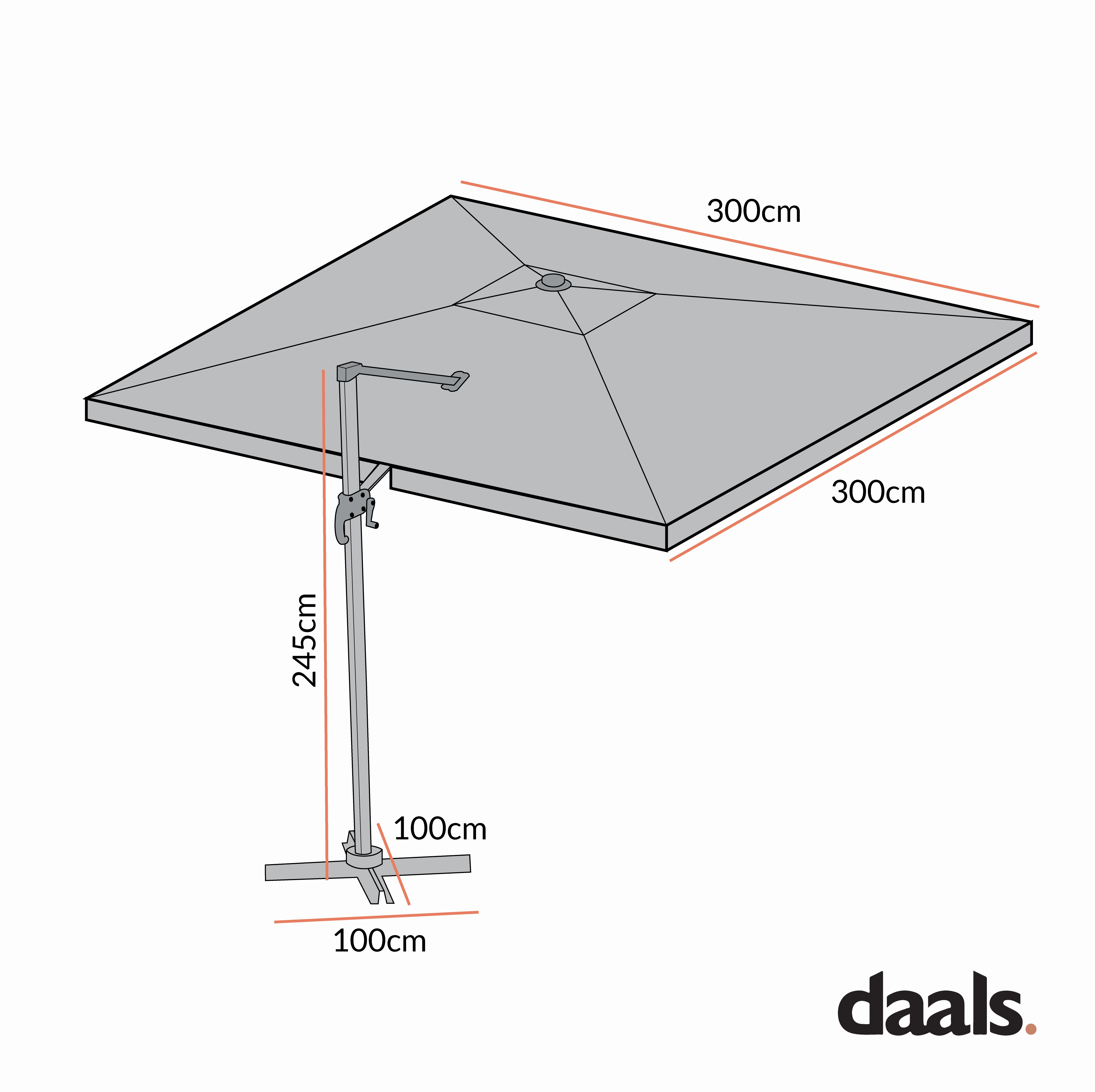 300cm Large Square 360 Aluminium Roma Cantilever Garden Hanging Parasol, Grey