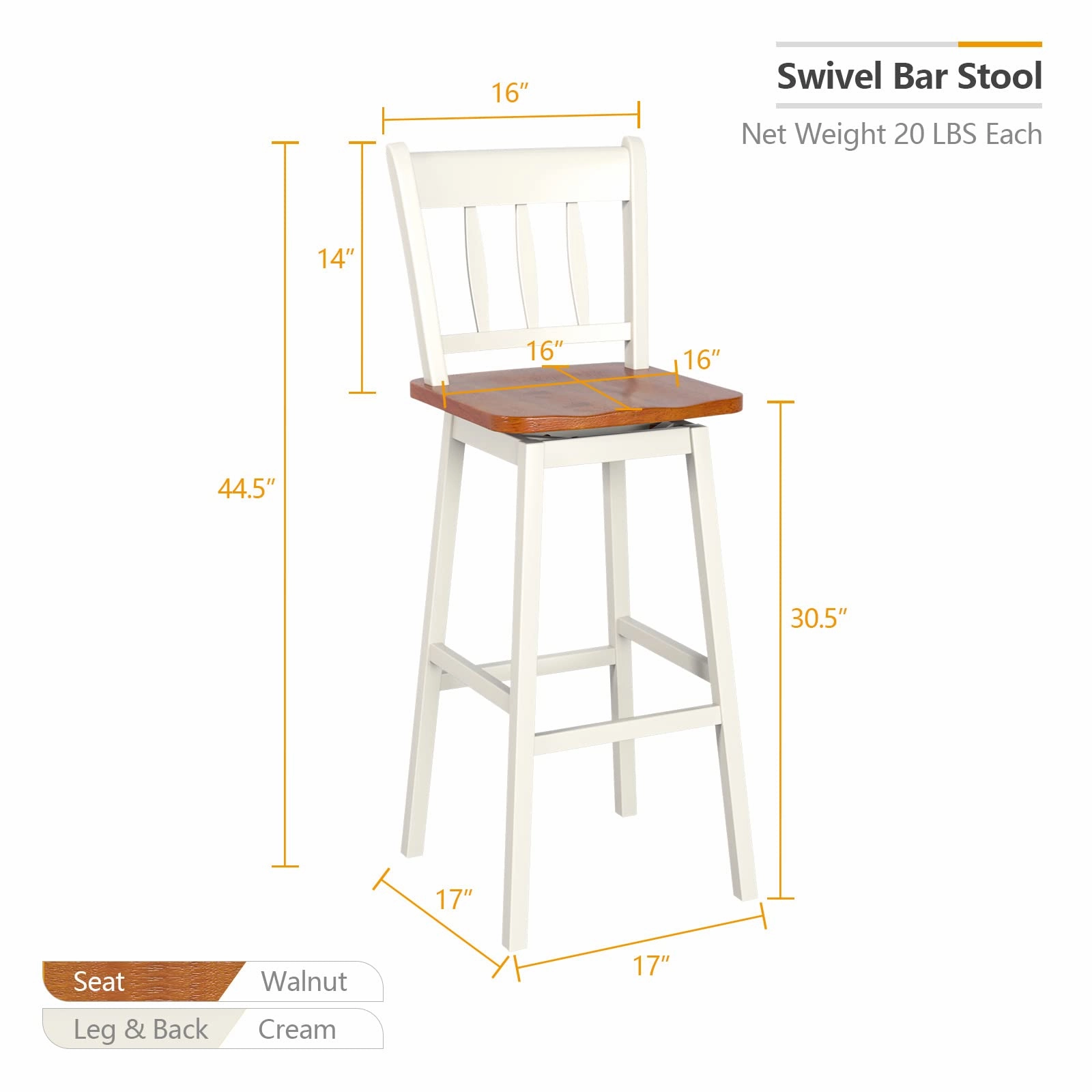 30.5 Inch Rubber Wood Bar Chairs with 360Swiveling, Footrest, Swivel Pub Height Barstools Ideal for Kitchen Island