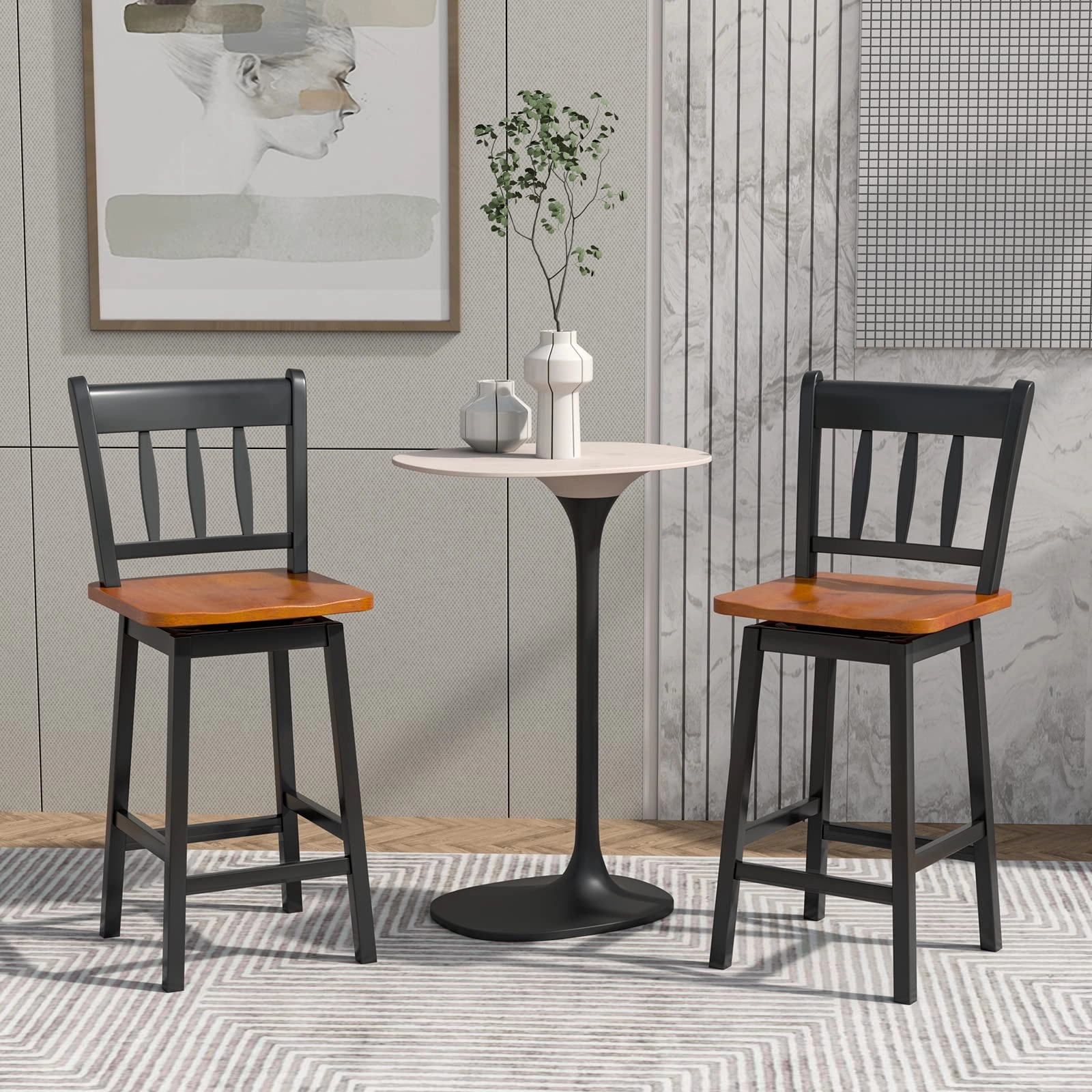 30.5 Inch Rubber Wood Bar Chairs with 360Swiveling, Footrest, Swivel Pub Height Barstools Ideal for Kitchen Island