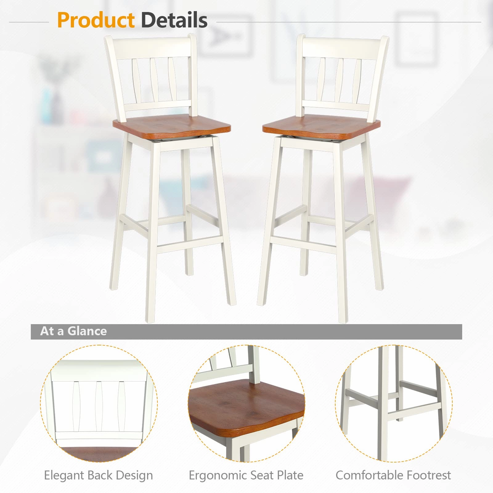 30.5 Inch Rubber Wood Bar Chairs with 360Swiveling, Footrest, Swivel Pub Height Barstools Ideal for Kitchen Island