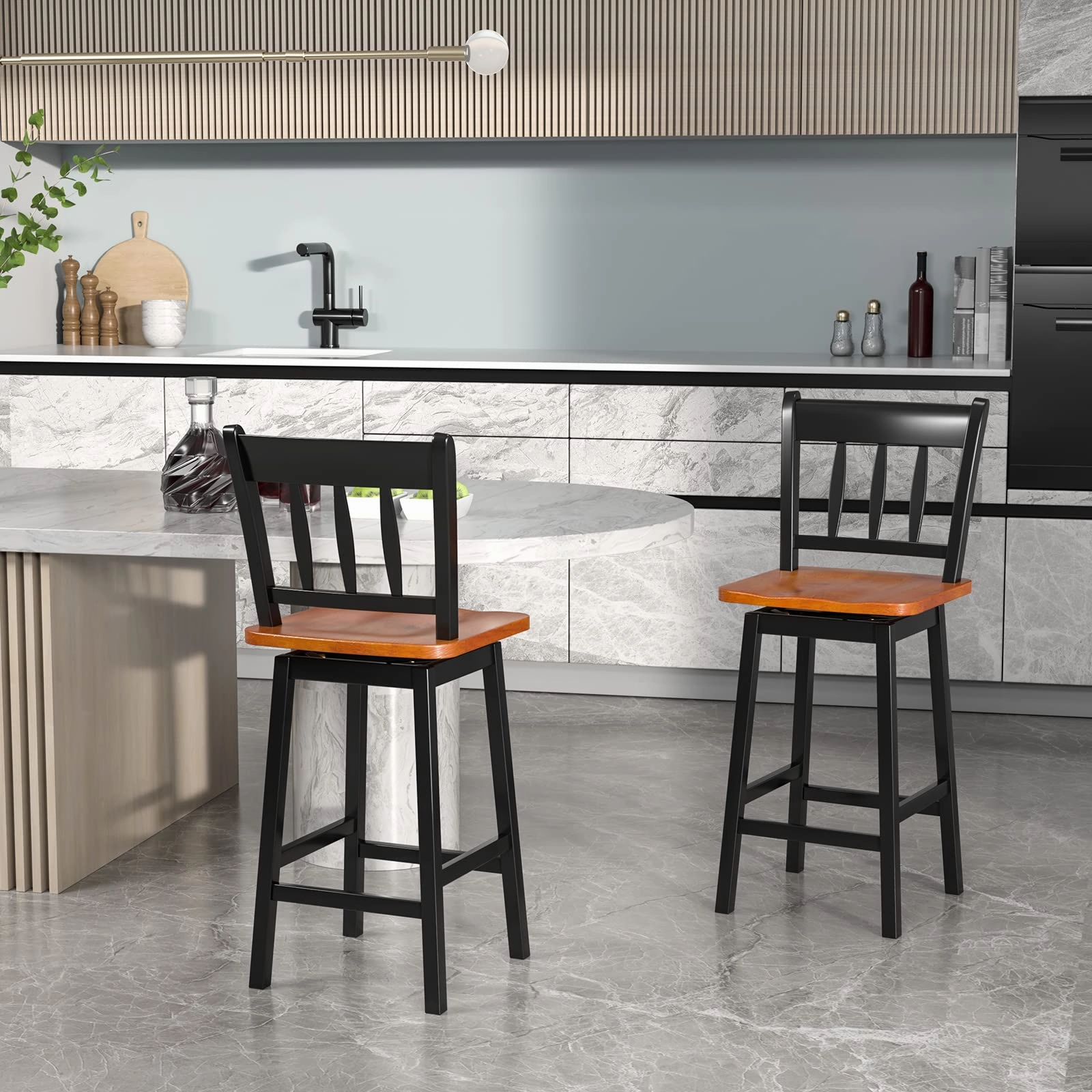 30.5 Inch Rubber Wood Bar Chairs with 360Swiveling, Footrest, Swivel Pub Height Barstools Ideal for Kitchen Island