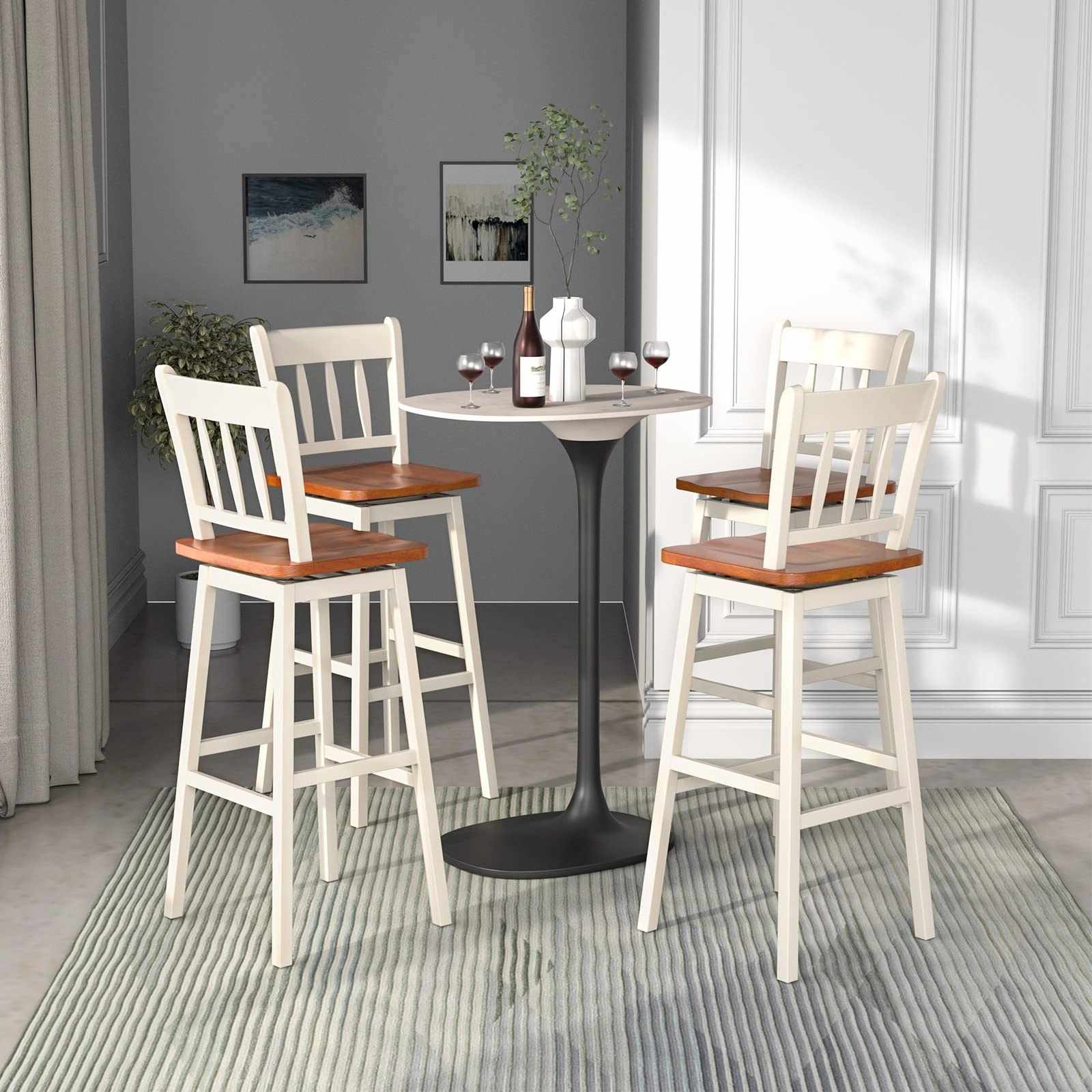 30.5 Inch Rubber Wood Bar Chairs with 360Swiveling, Footrest, Swivel Pub Height Barstools Ideal for Kitchen Island