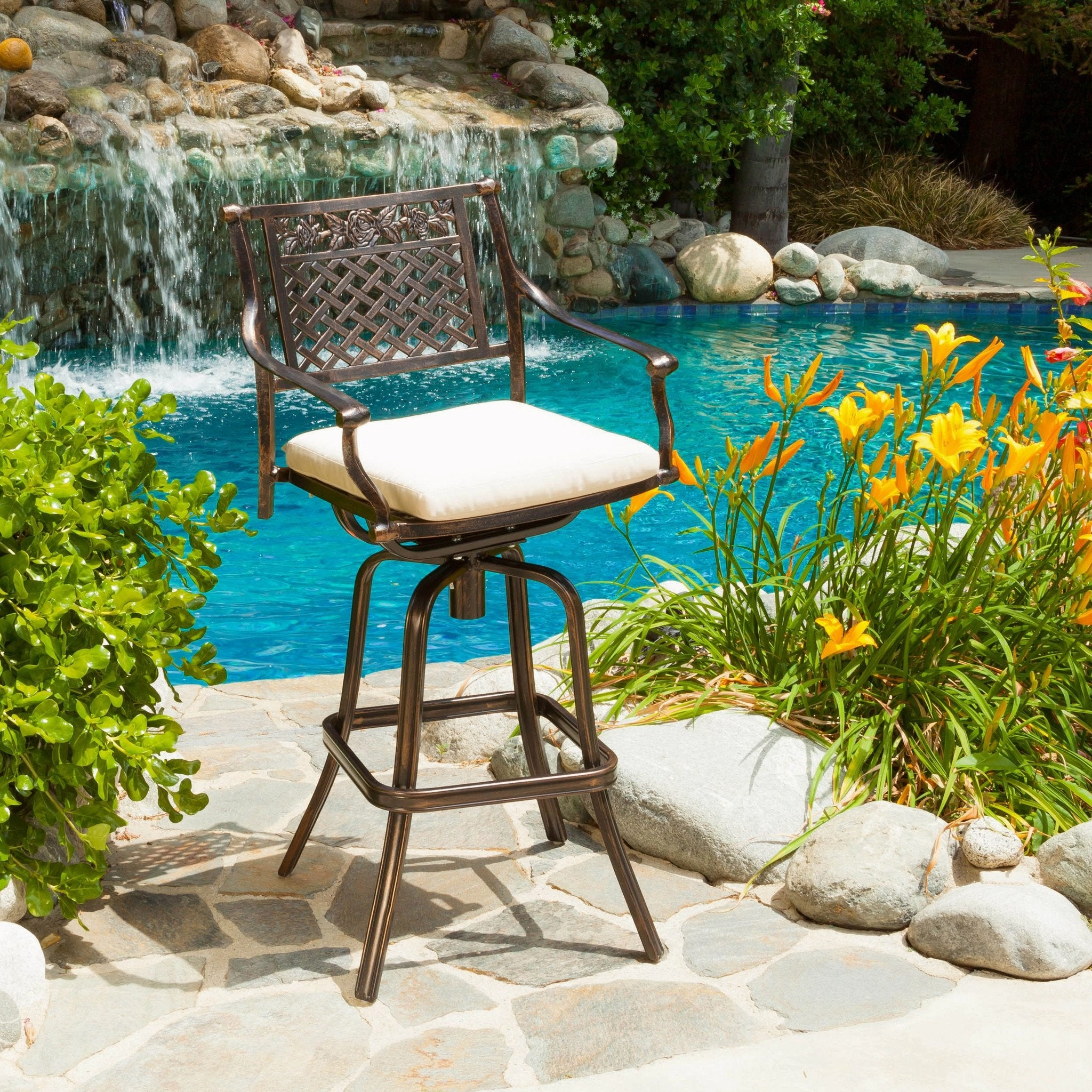 30-Inch Outdoor Cast Aluminum Swivel Bar Stool w/ Cushion - NH050592 outdoor furniture, garden bench