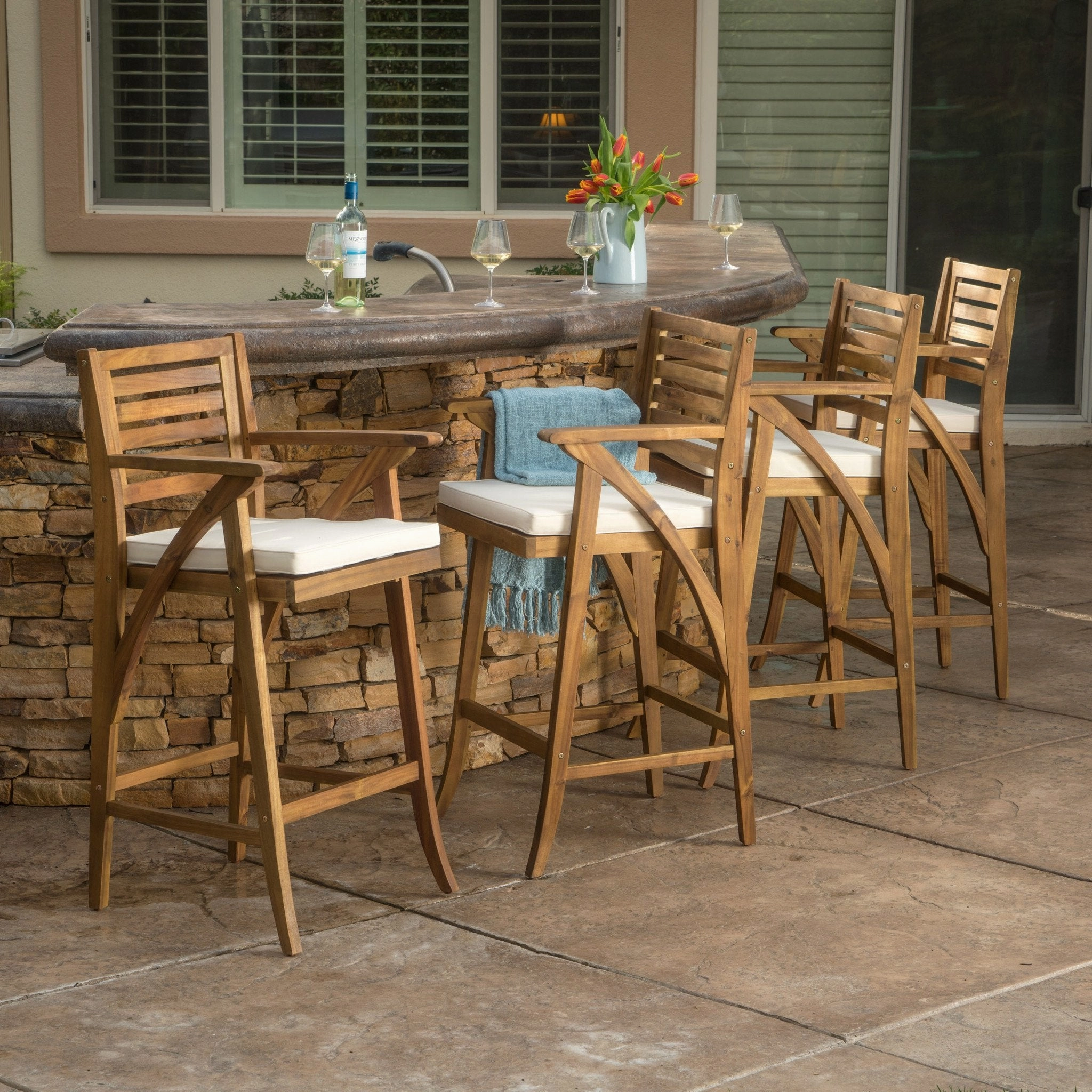 30-Inch Teak Finish Acacia Wood Outdoor Barstools - NH538992