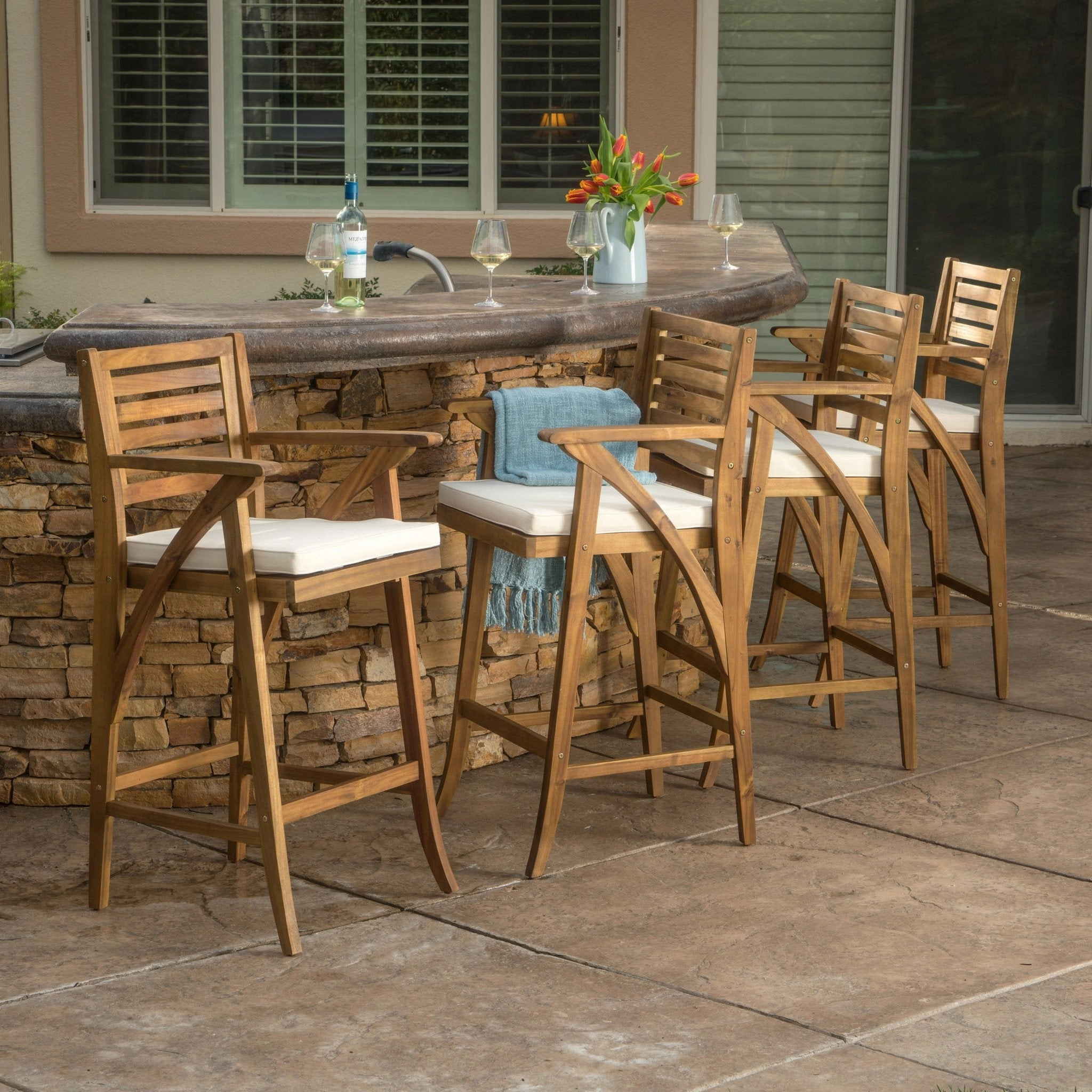 30-Inch Teak Finish Acacia Wood Outdoor Barstools - NH538992