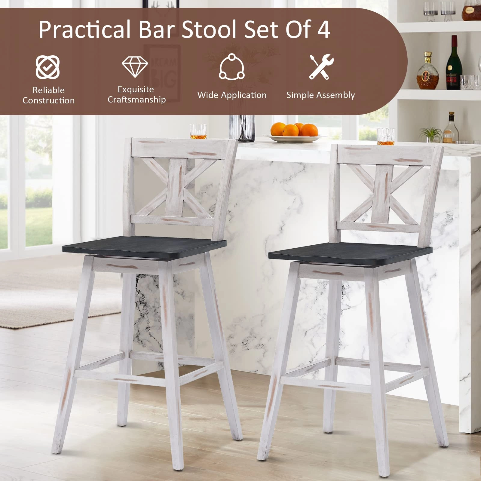 360 Degree Rubber Wood Bar Chairs, Vintage Bar Stools for Home, Restaurant & Pub