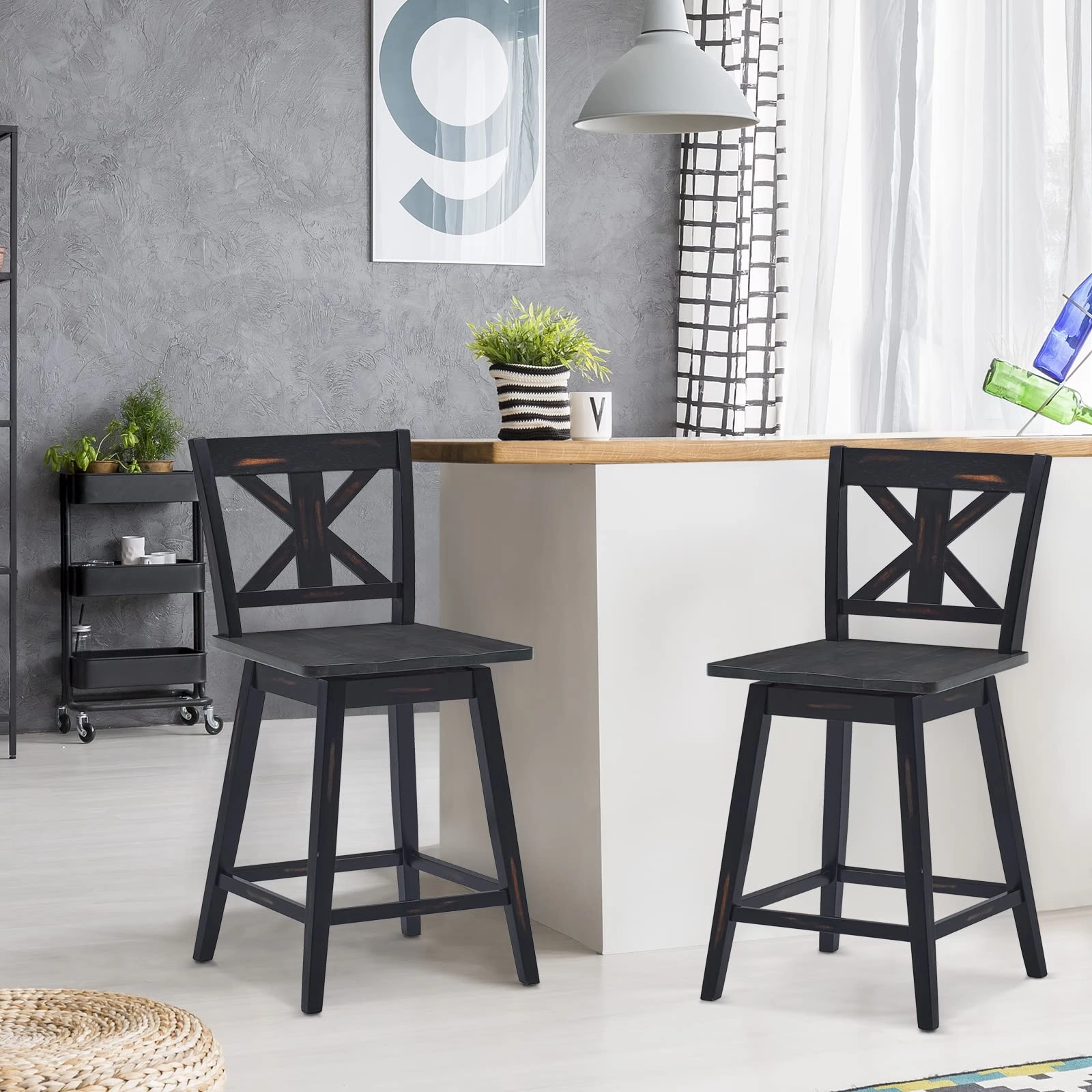 360 Degree Rubber Wood Bar Chairs, Vintage Bar Stools for Home, Restaurant & Pub