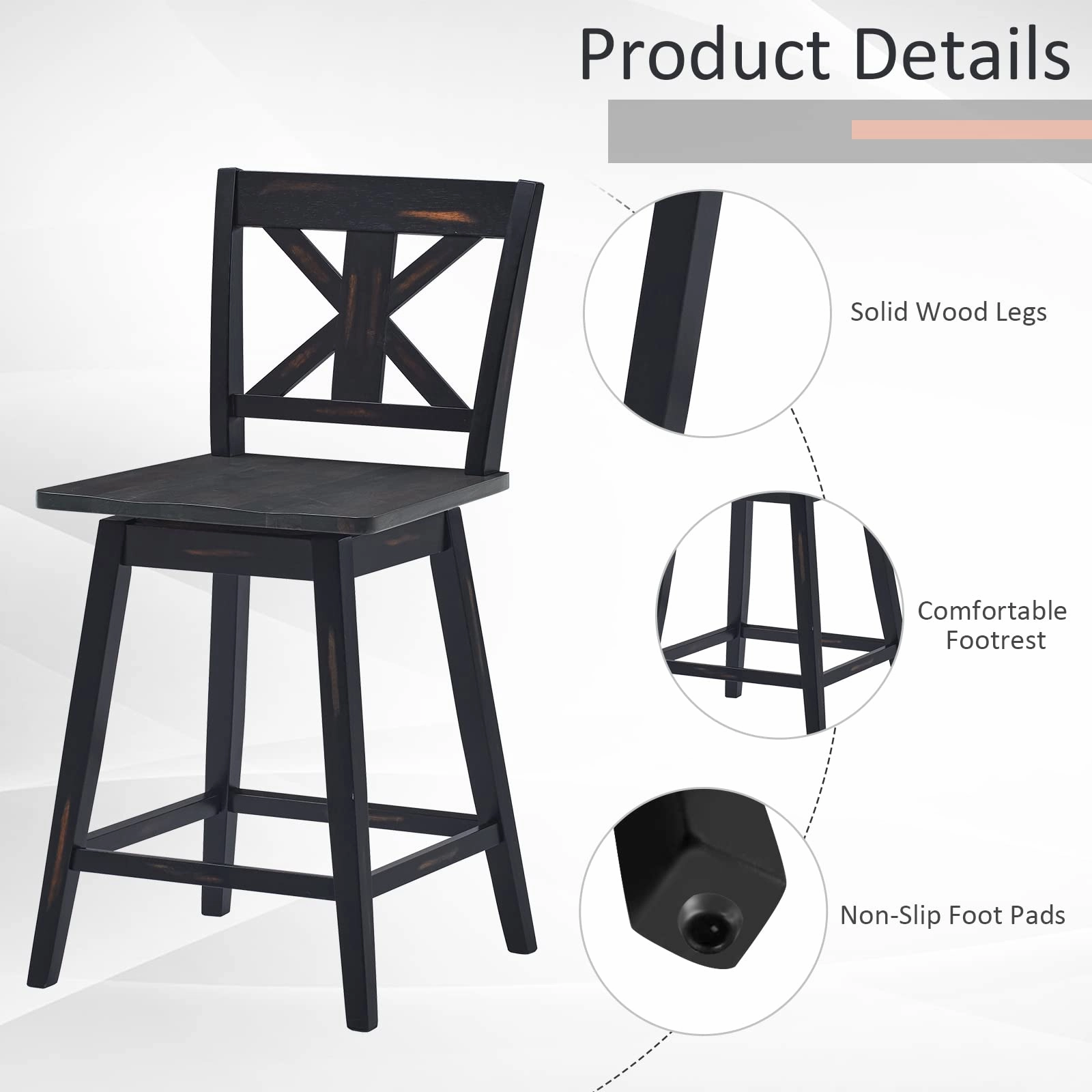 360 Degree Rubber Wood Bar Chairs, Vintage Bar Stools for Home, Restaurant & Pub