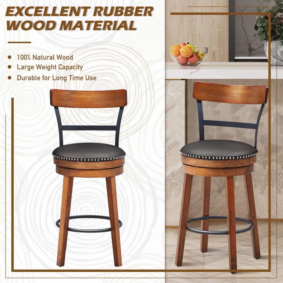 360-Degree Swivel Stools with Leather Padded Seat, Single Slat Ladder Back & Solid Rubber Wood Legs