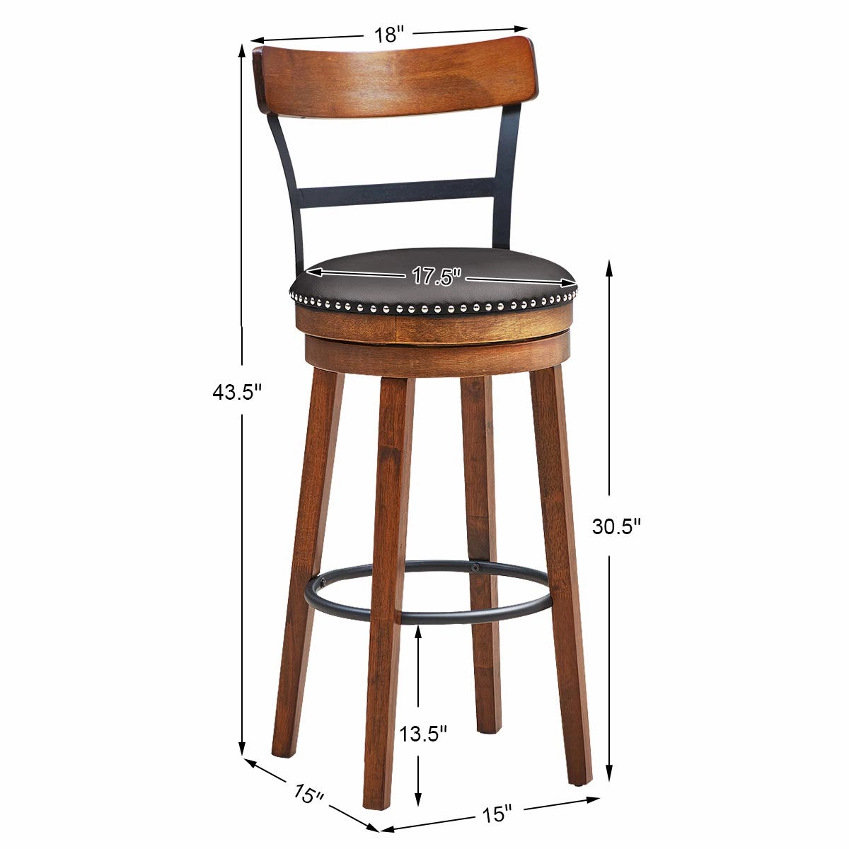 360-Degree Swivel Stools with Leather Padded Seat, Single Slat Ladder Back & Solid Rubber Wood Legs