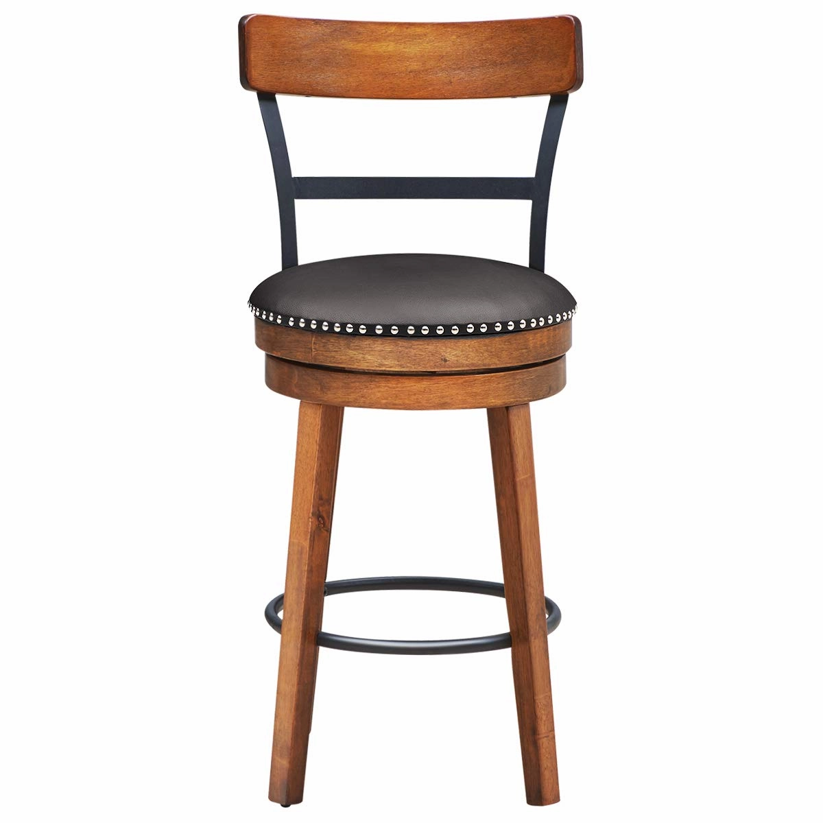 360-Degree Swivel Stools with Leather Padded Seat, Single Slat Ladder Back & Solid Rubber Wood Legs