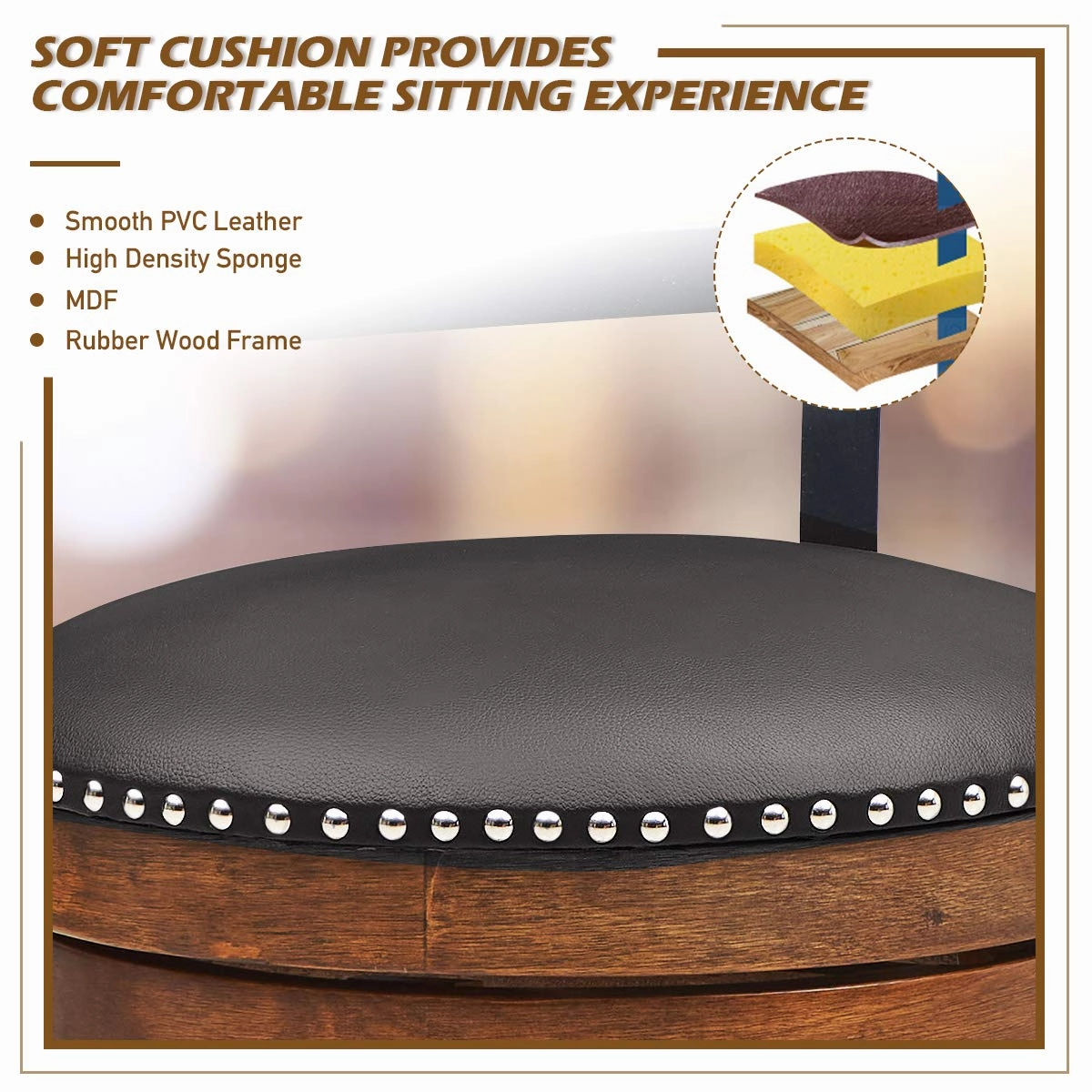 360-Degree Swivel Stools with Leather Padded Seat, Single Slat Ladder Back & Solid Rubber Wood Legs