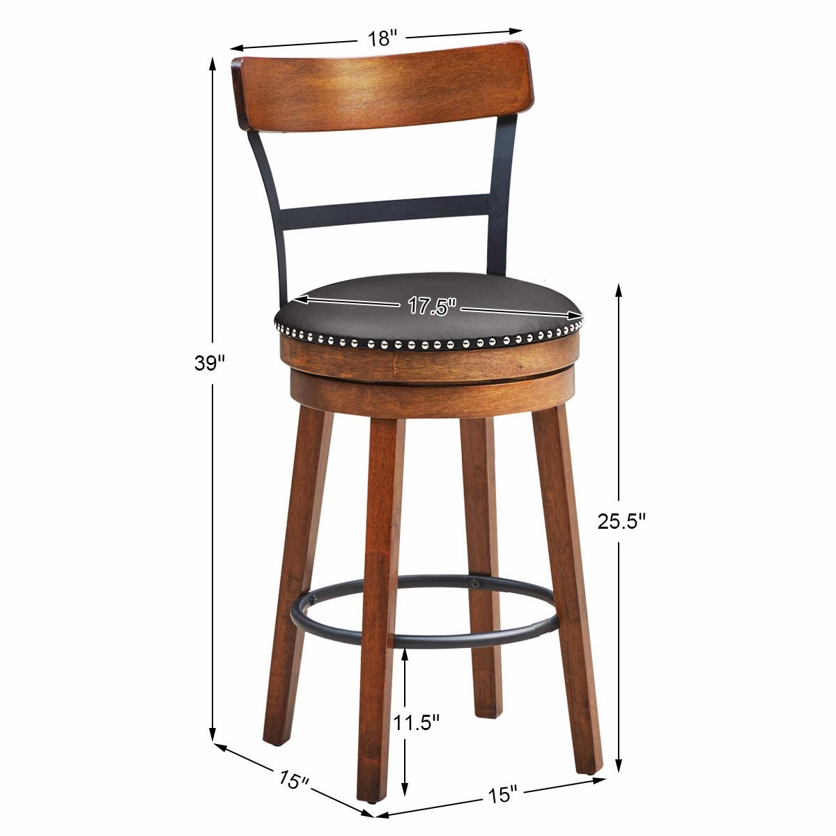 360-Degree Swivel Stools with Leather Padded Seat, Single Slat Ladder Back & Solid Rubber Wood Legs