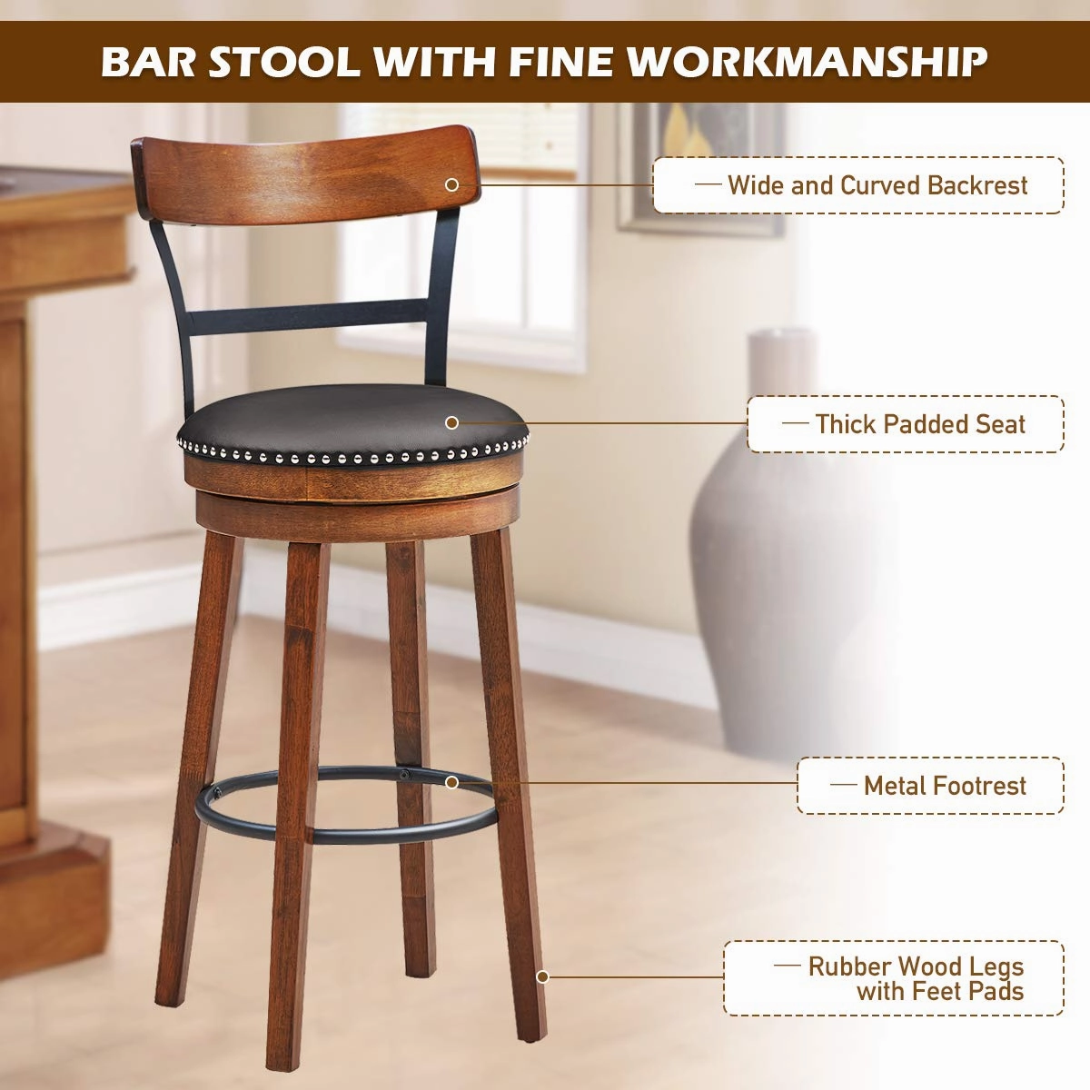 360-Degree Swivel Stools with Leather Padded Seat, Single Slat Ladder Back & Solid Rubber Wood Legs