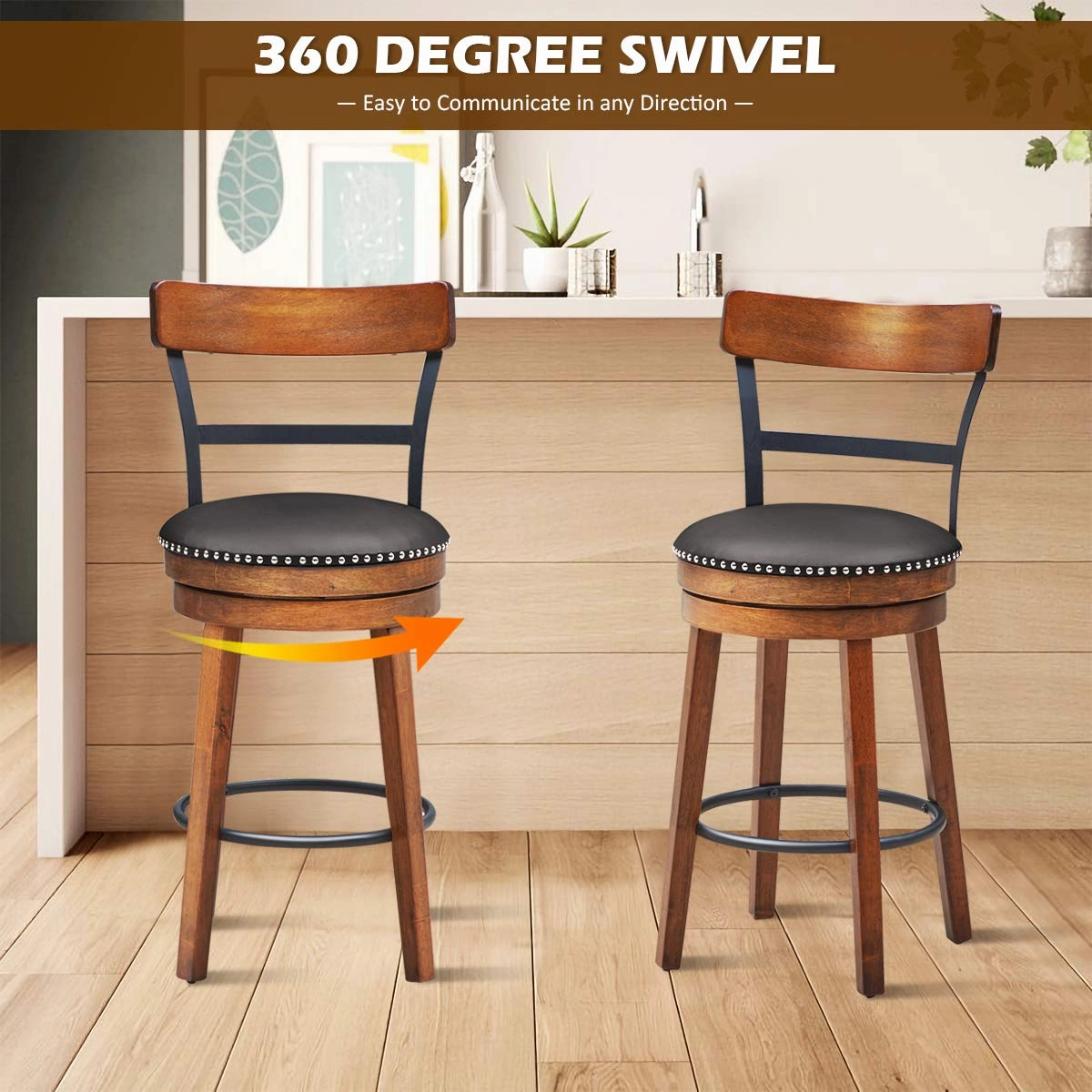 360-Degree Swivel Stools with Leather Padded Seat, Single Slat Ladder Back & Solid Rubber Wood Legs