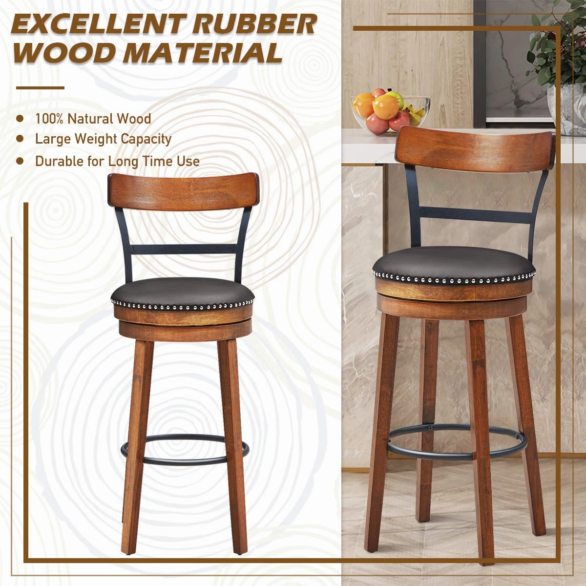 360-Degree Swivel Stools with Leather Padded Seat, Single Slat Ladder Back & Solid Rubber Wood Legs