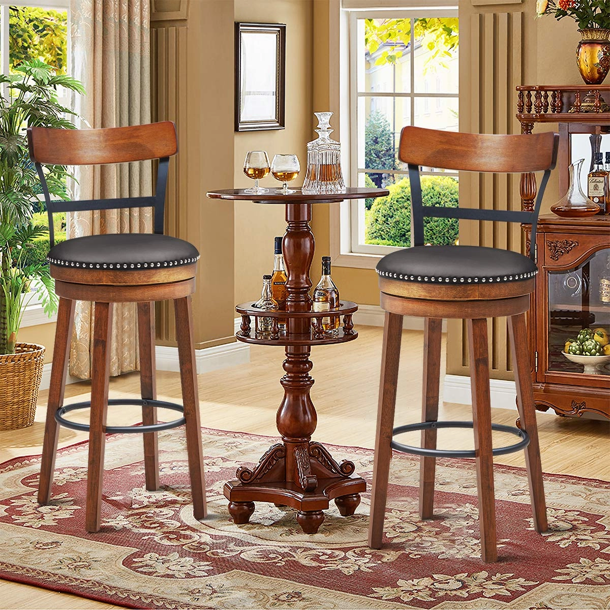 360-Degree Swivel Stools with Leather Padded Seat, Single Slat Ladder Back & Solid Rubber Wood Legs