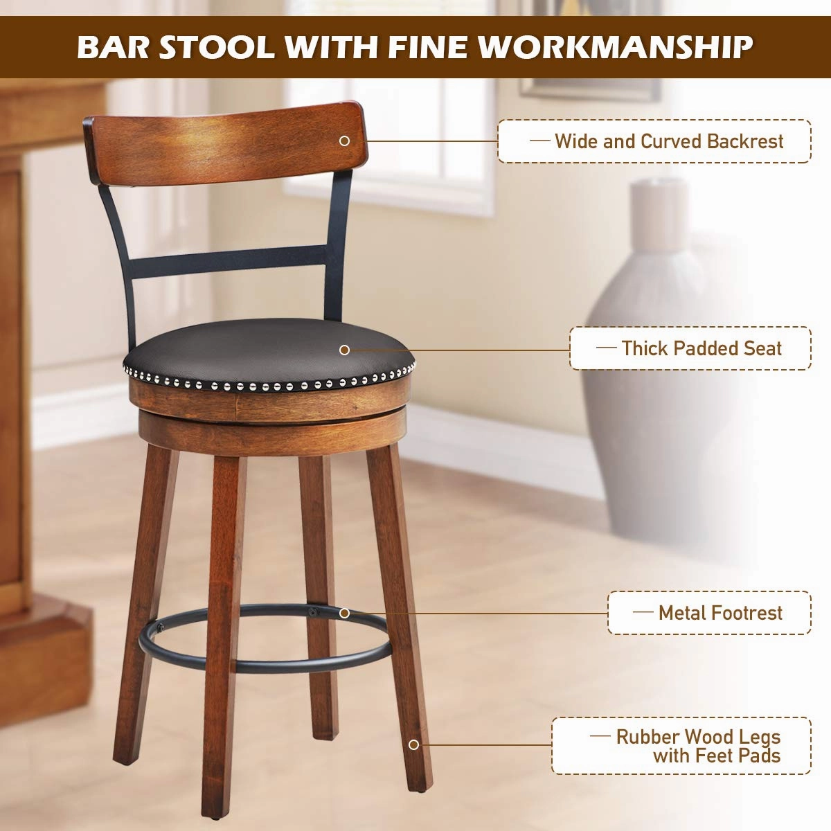 360-Degree Swivel Stools with Leather Padded Seat, Single Slat Ladder Back & Solid Rubber Wood Legs