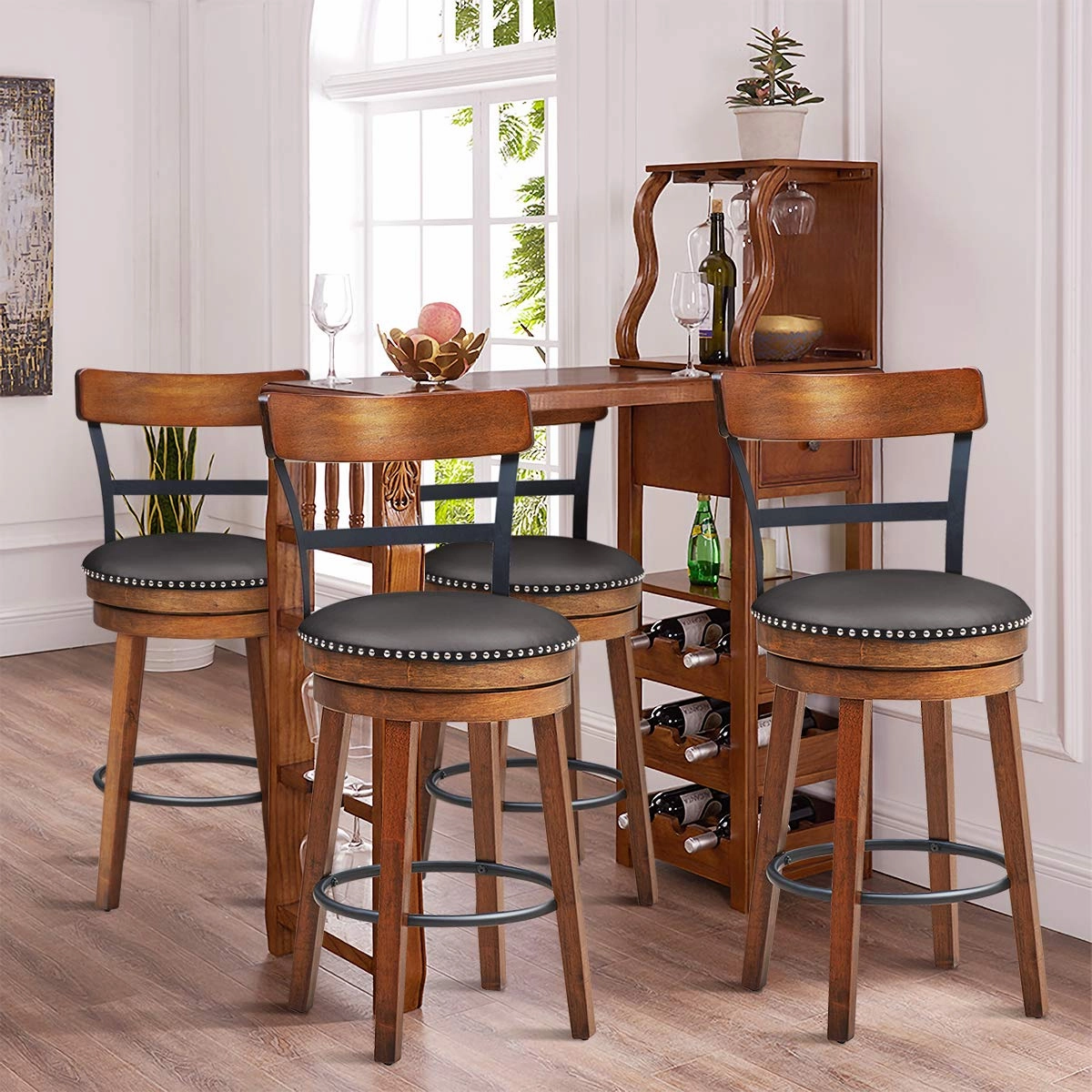 360-Degree Swivel Stools with Leather Padded Seat, Single Slat Ladder Back & Solid Rubber Wood Legs