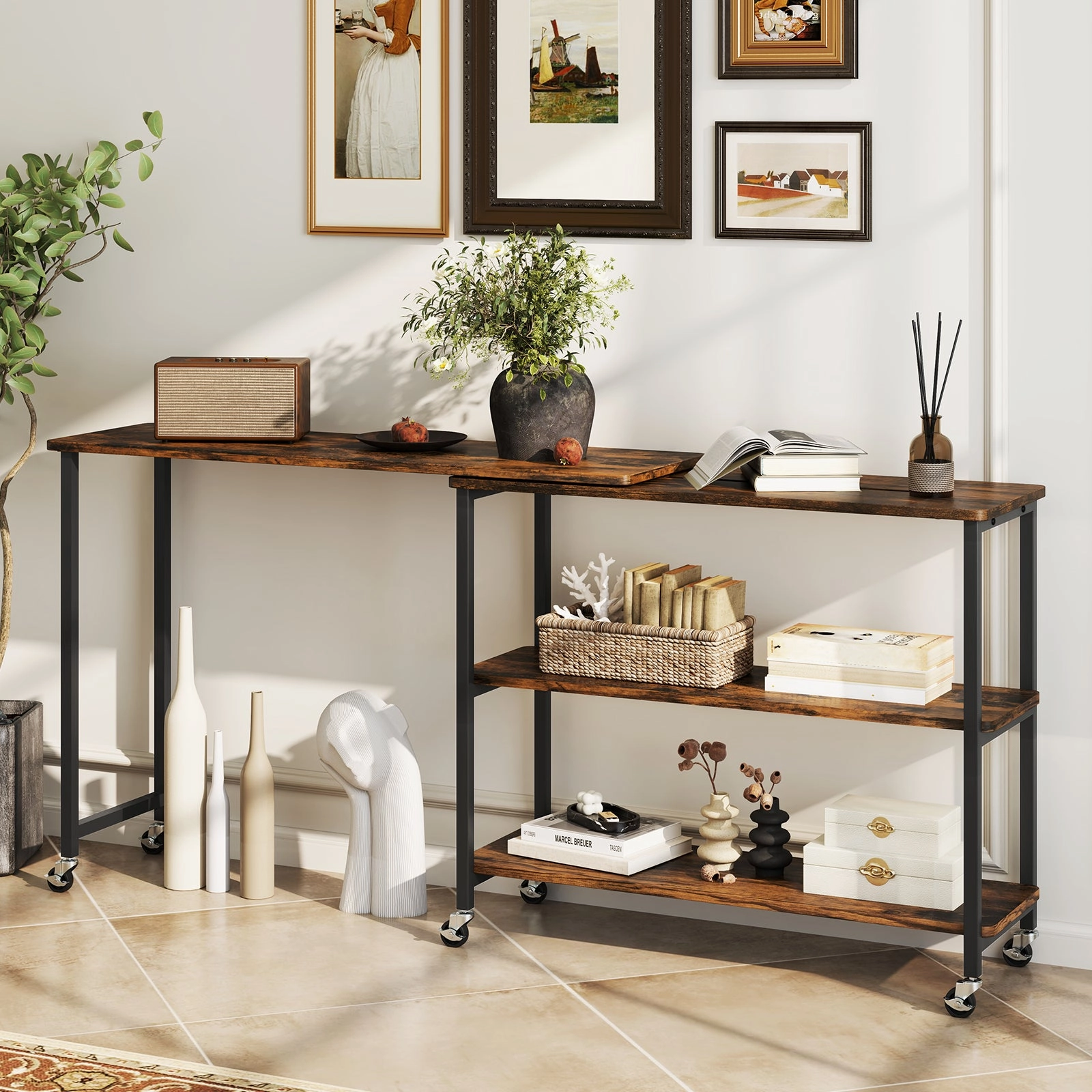 360 Rotation Mobile Laptop Table with 2-Tier Storage Shelves