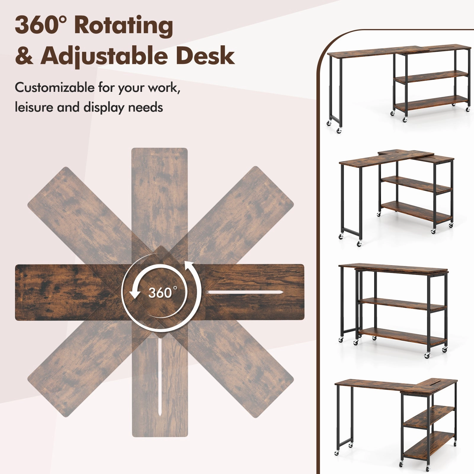 360 Rotation Mobile Laptop Table with 2-Tier Storage Shelves
