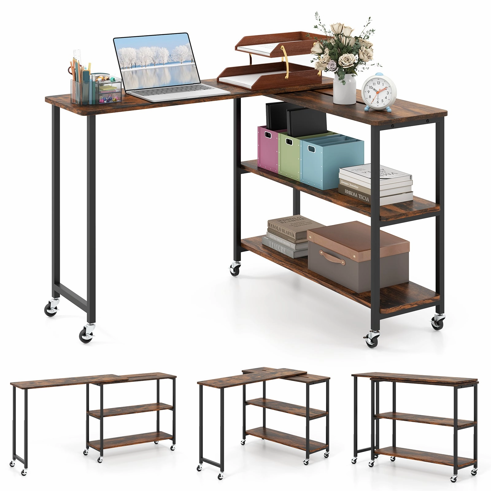 360 Rotation Mobile Laptop Table with 2-Tier Storage Shelves patio decor, garden accessories