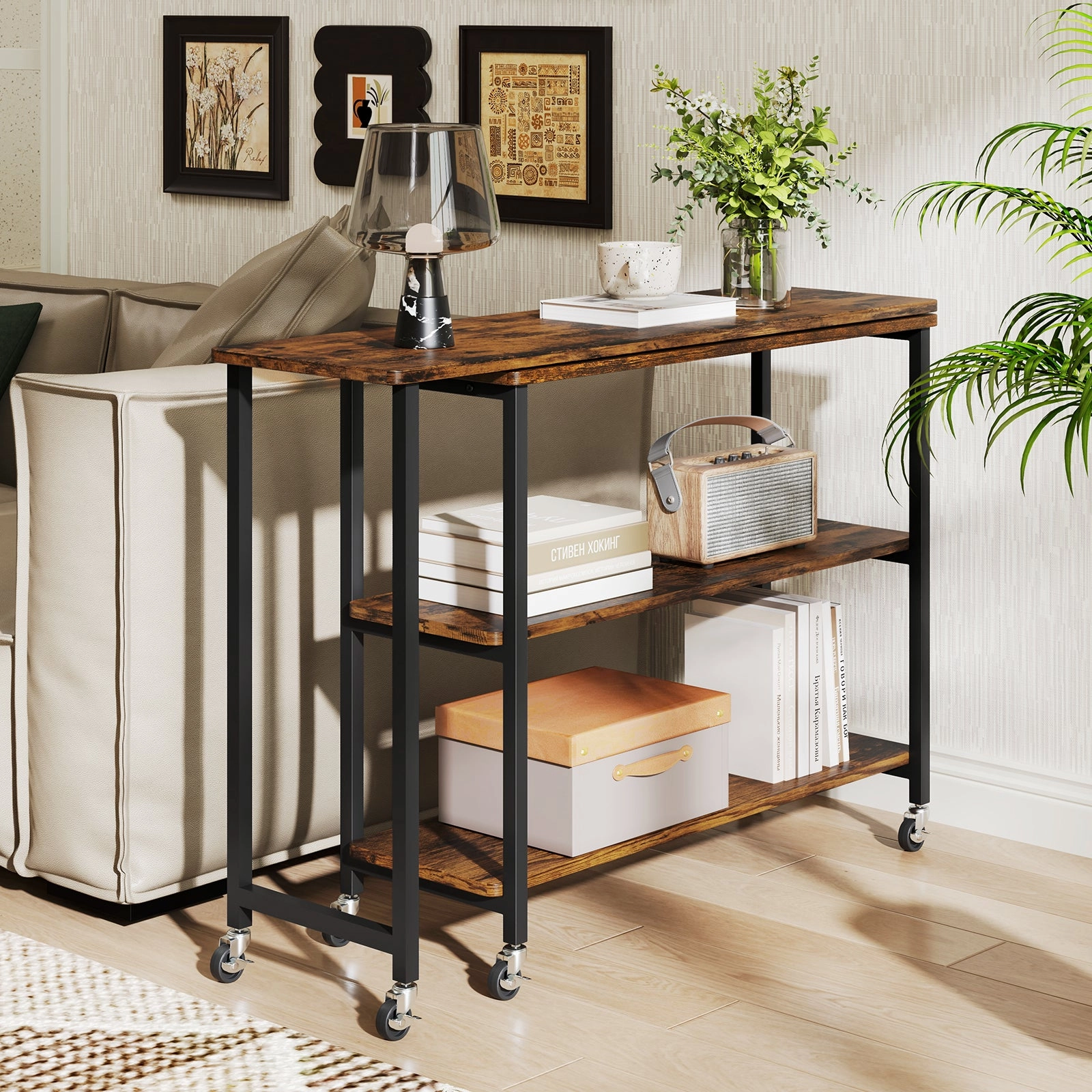 360 Rotation Mobile Laptop Table with 2-Tier Storage Shelves