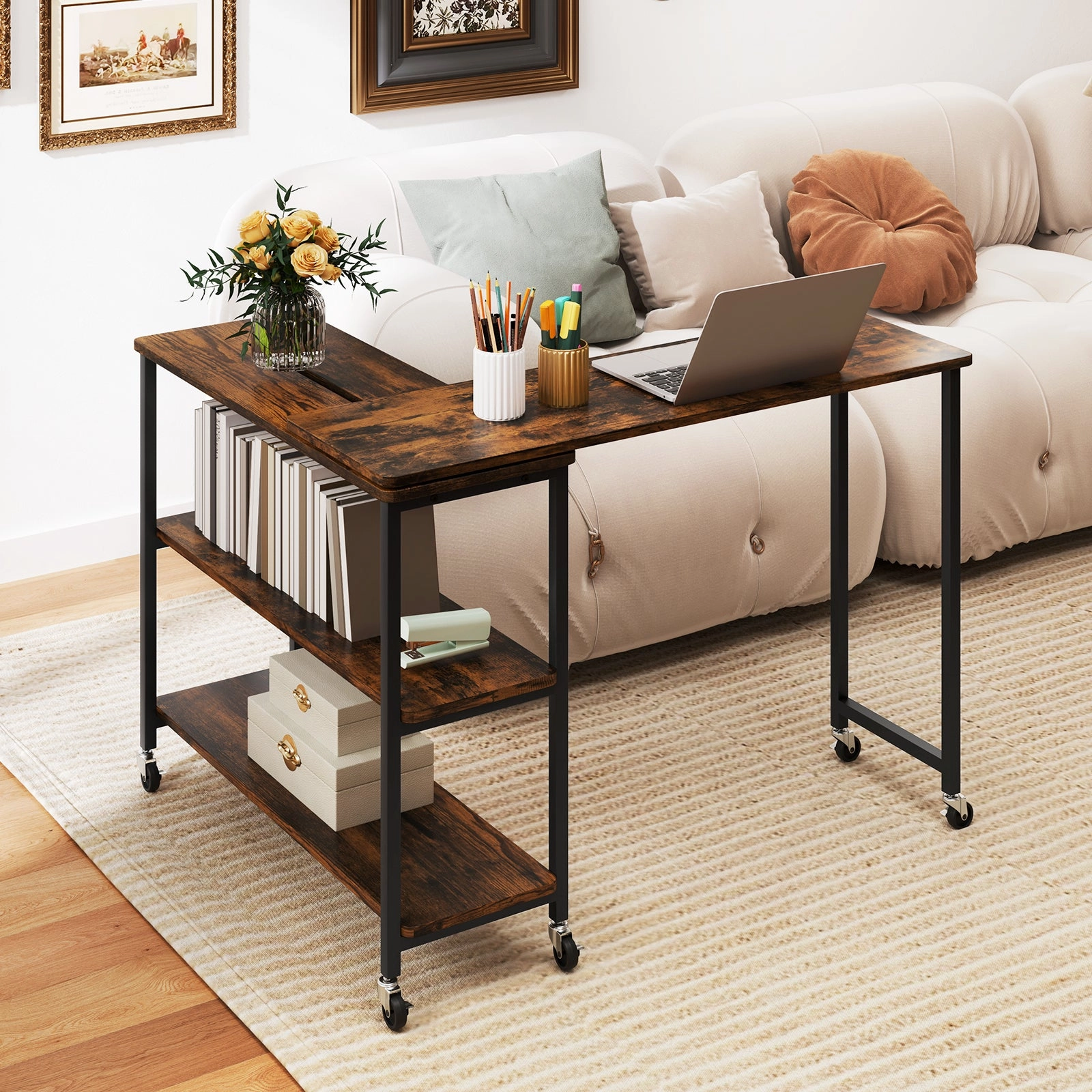 360 Rotation Mobile Laptop Table with 2-Tier Storage Shelves