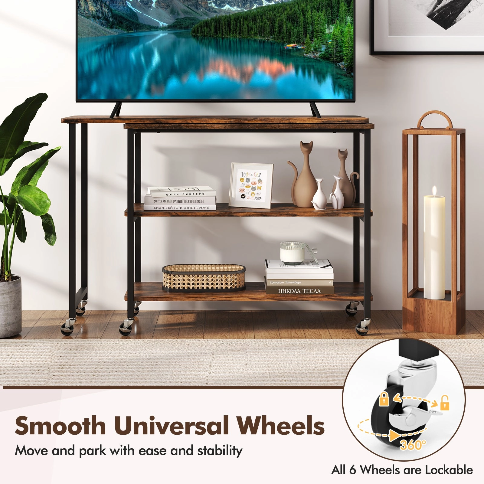 360 Rotation Mobile Laptop Table with 2-Tier Storage Shelves
