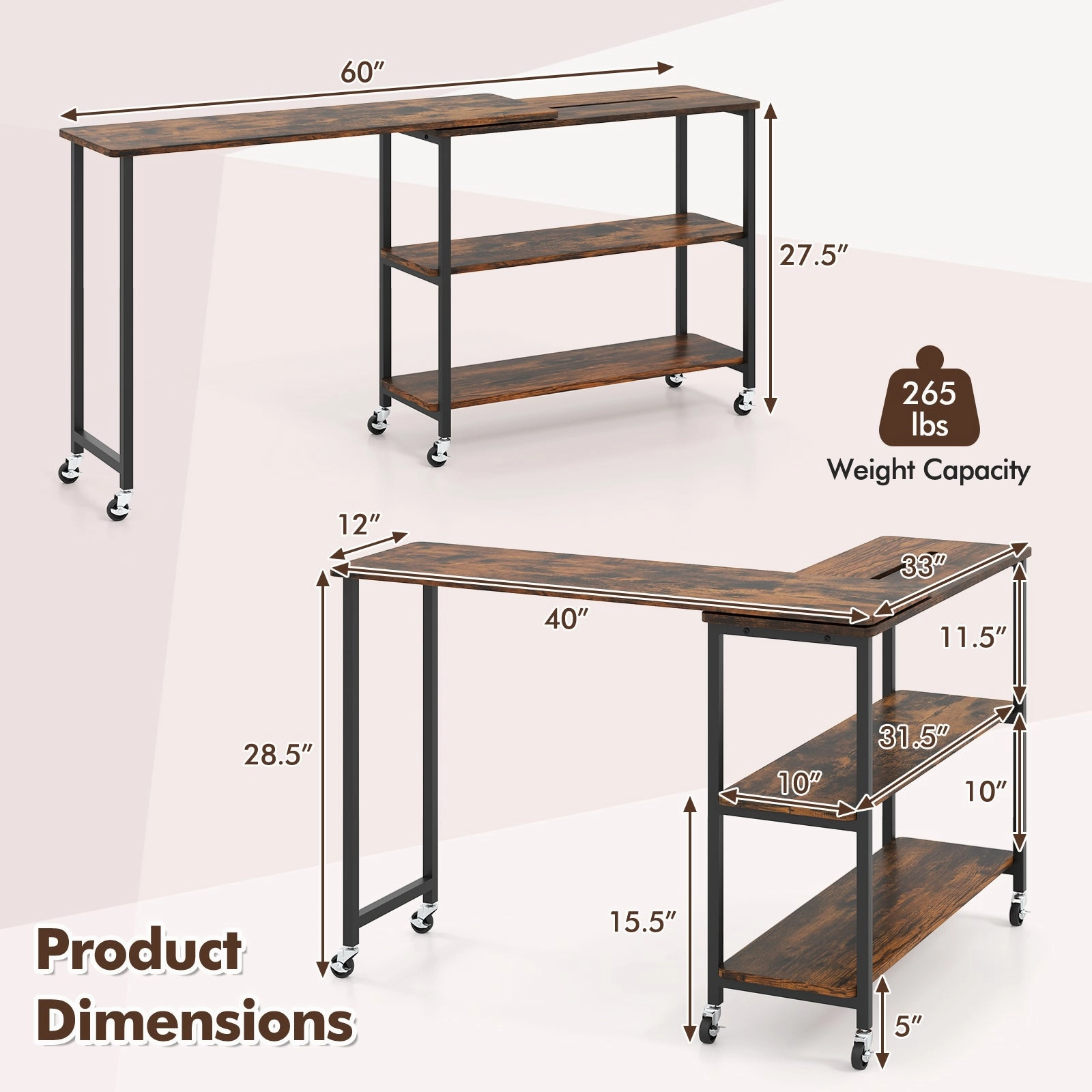 360 Rotation Mobile Laptop Table with 2-Tier Storage Shelves