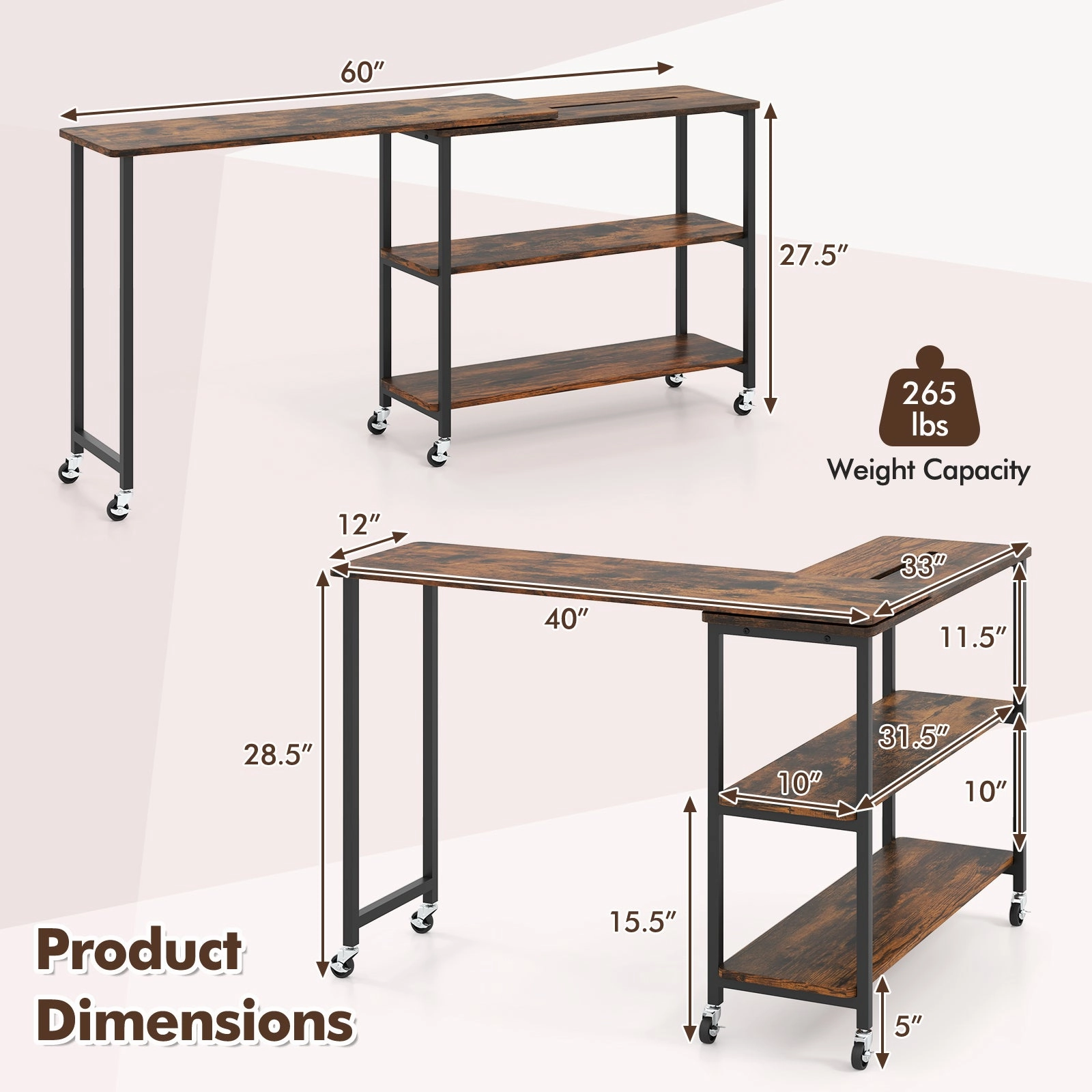 360 Rotation Mobile Laptop Table with 2-Tier Storage Shelves