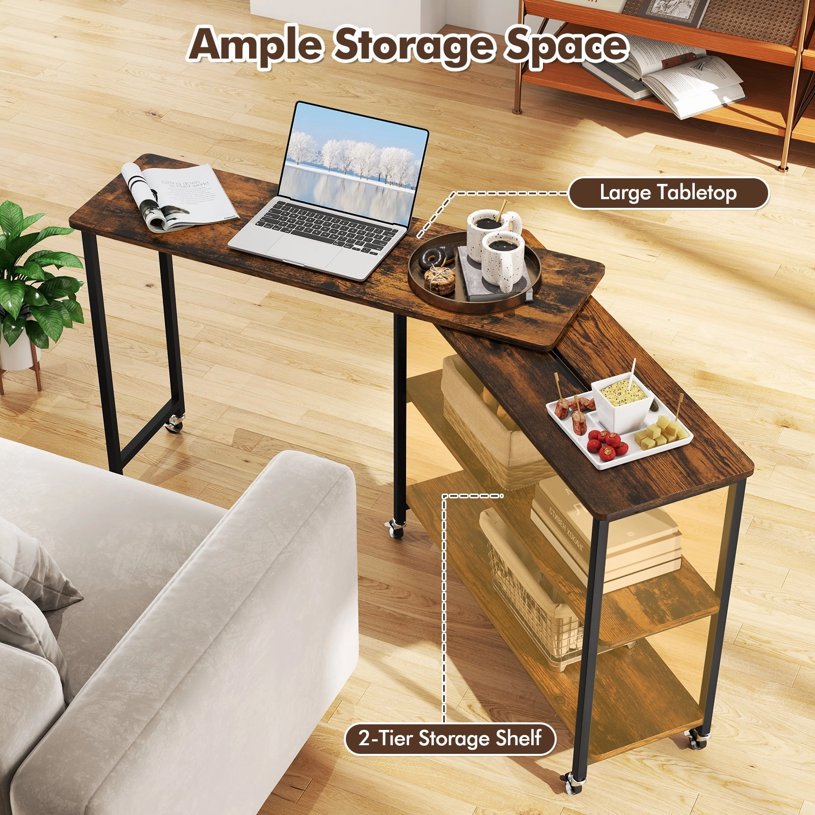360 Rotation Mobile Laptop Table with 2-Tier Storage Shelves