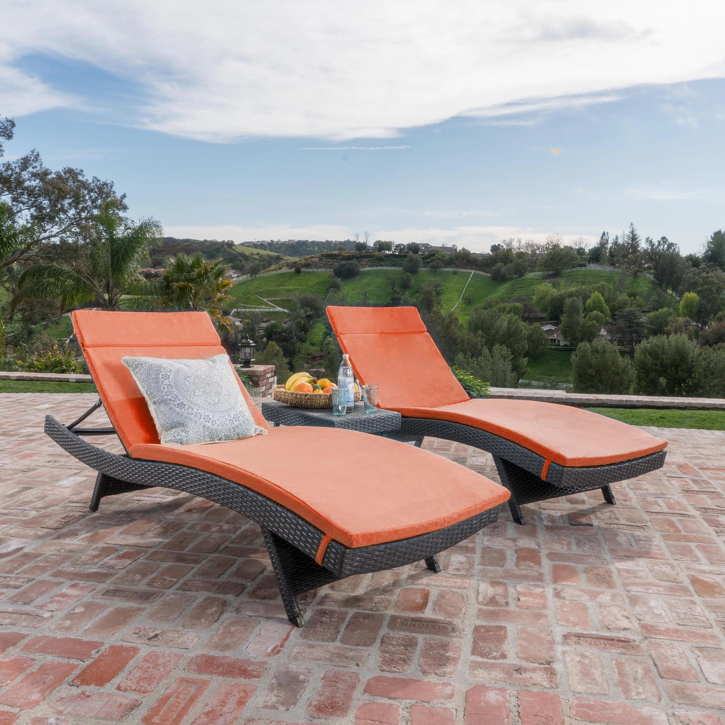 3 Pc Outdoor Wicker Lounge w/ Water Resistant Cushions & Coffee Table - NH751003