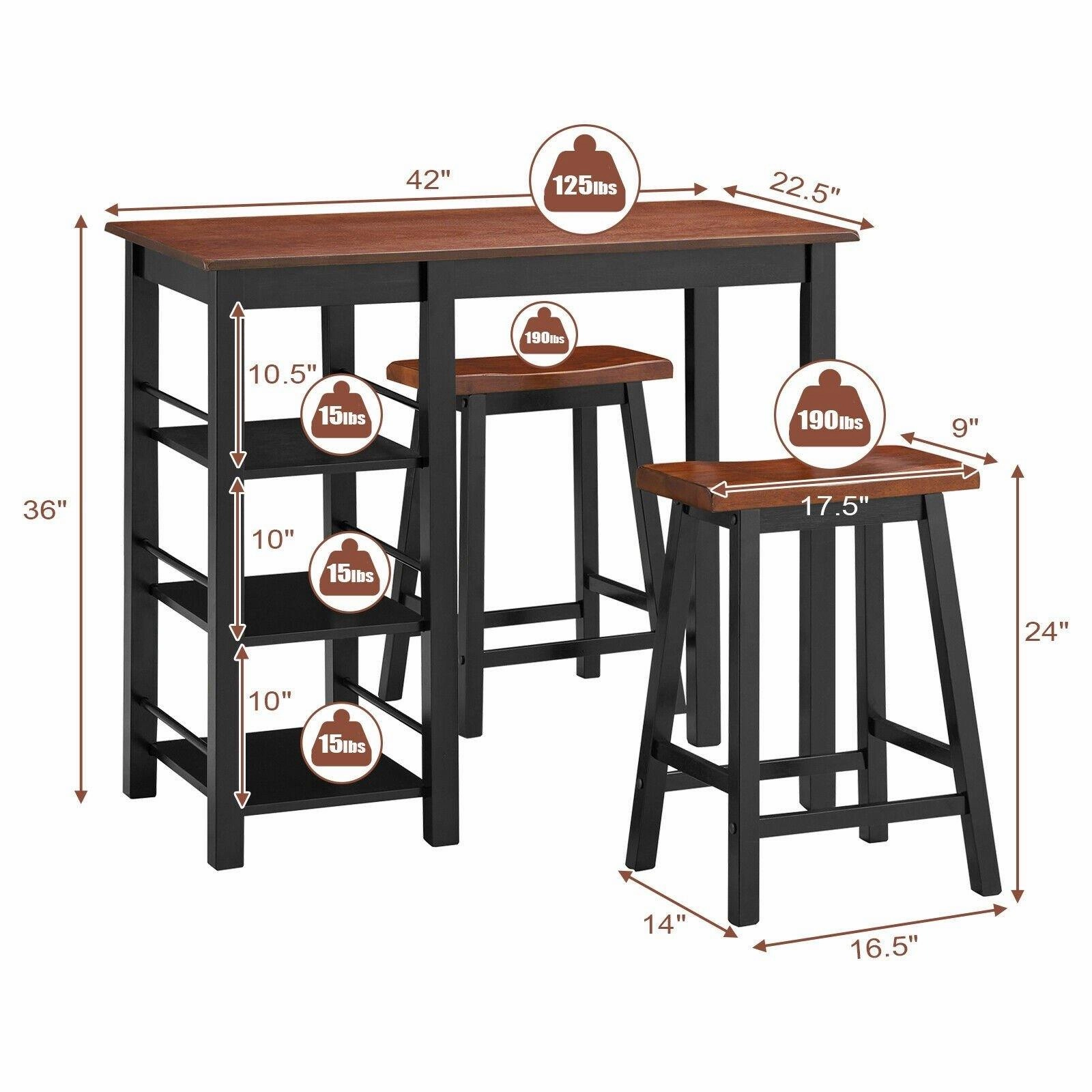 3 Piece Dining Set, Entirely Wood Counter Height Table Set with 2 Chair and 3-Tier Storage Shelves