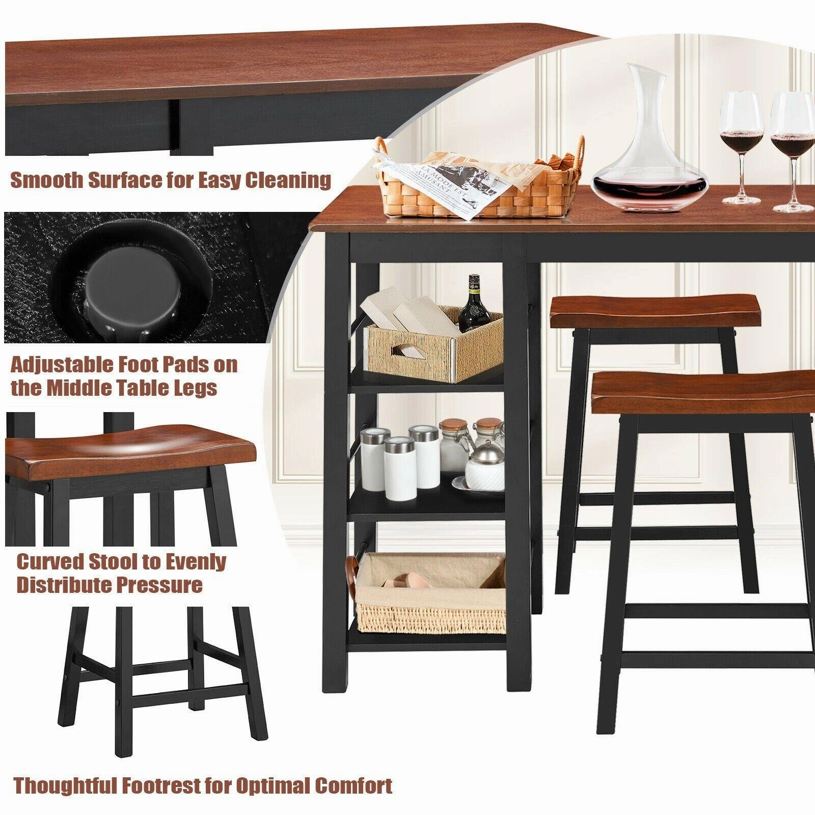 3 Piece Dining Set, Entirely Wood Counter Height Table Set with 2 Chair and 3-Tier Storage Shelves