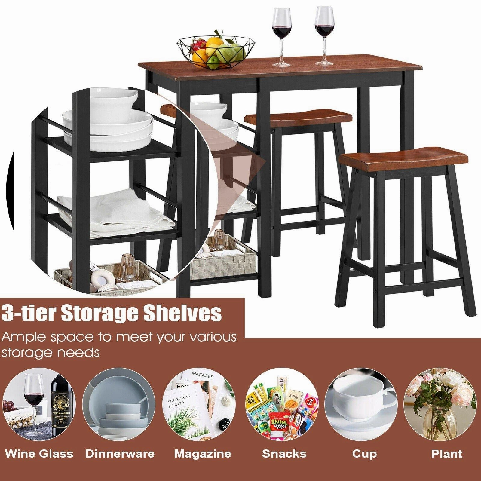 3 Piece Dining Set, Entirely Wood Counter Height Table Set with 2 Chair and 3-Tier Storage Shelves
