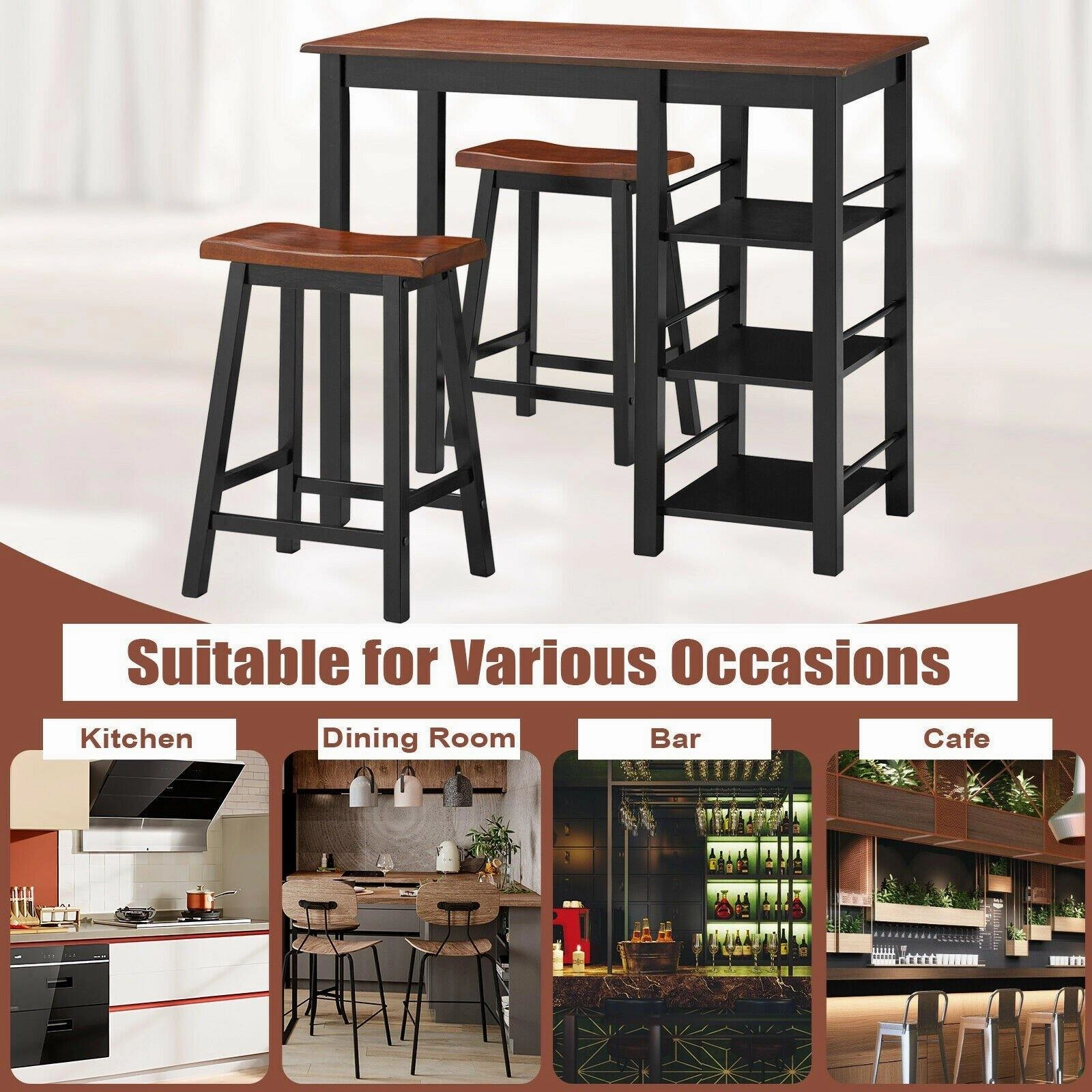 3 Piece Dining Set, Entirely Wood Counter Height Table Set with 2 Chair and 3-Tier Storage Shelves