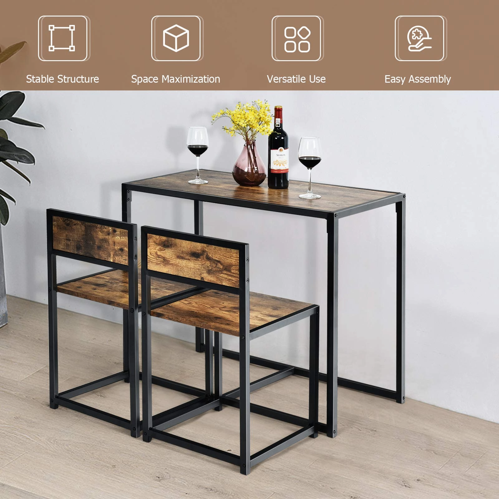 3 Piece Dining Set, Industrial Dining Table with 2 Chairs