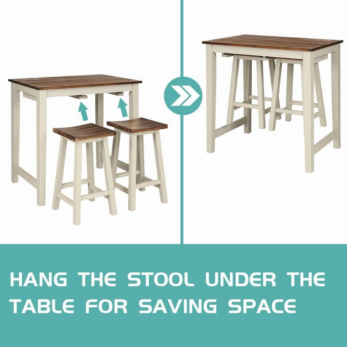 3 Piece Pub Dining Set, Counter Height Pub Table with 2 Saddle Bar Stools, Tavern Collection Table (Brown & Milky White)