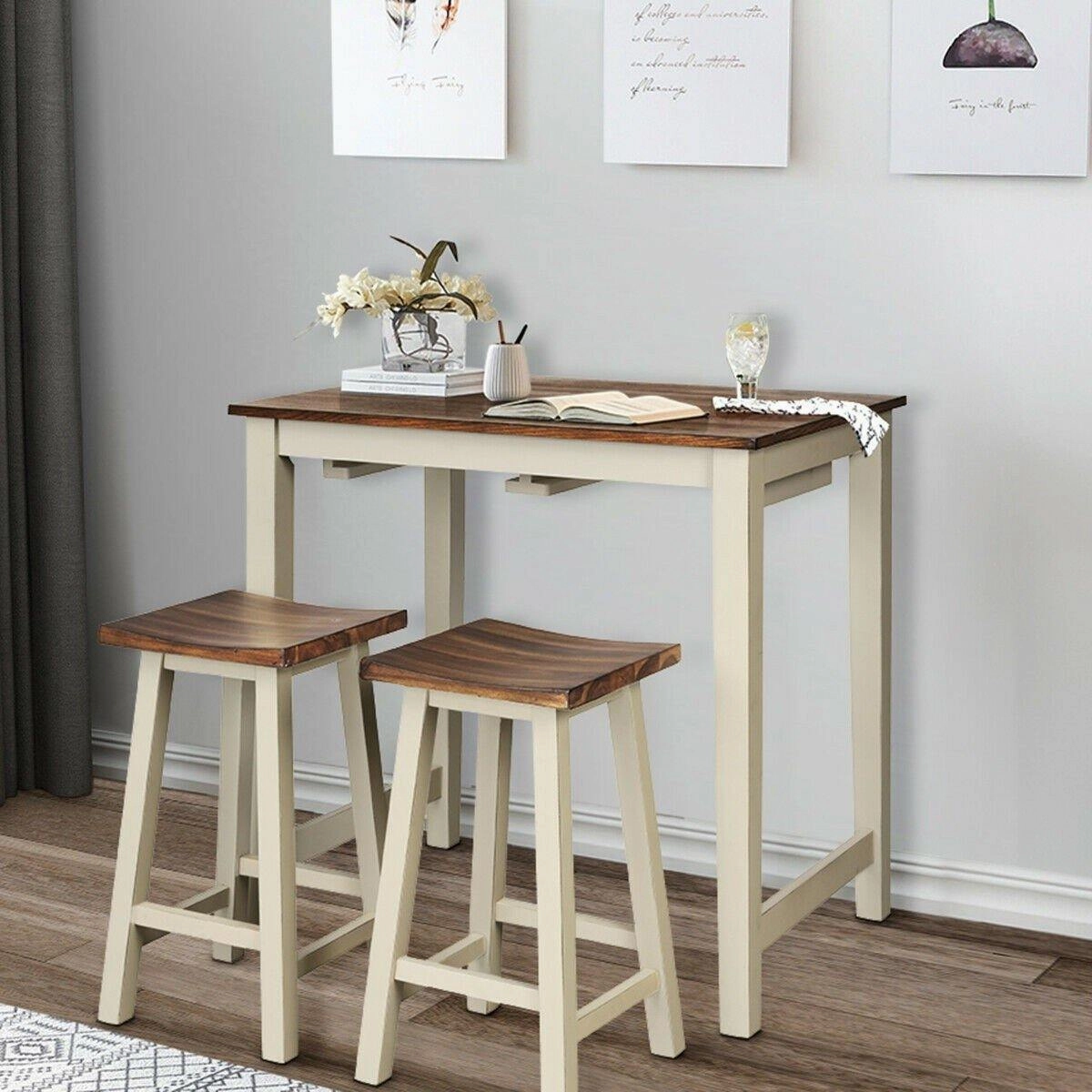 3 Piece Pub Dining Set, Counter Height Pub Table with 2 Saddle Bar Stools, Tavern Collection Table (Brown & Milky White)