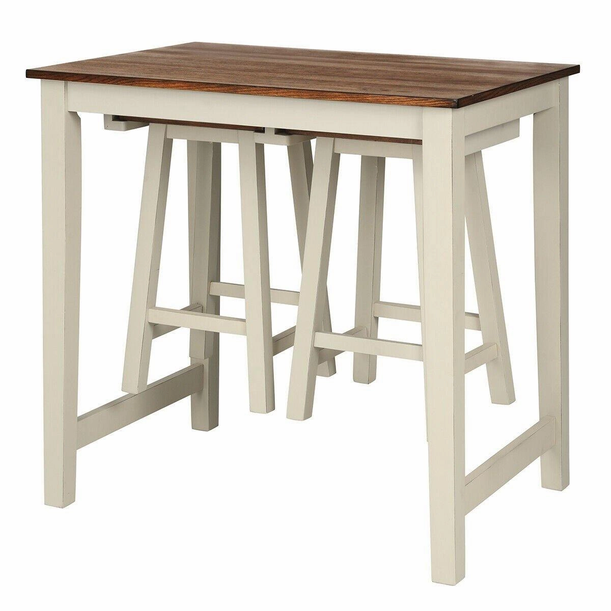 3 Piece Pub Dining Set, Counter Height Pub Table with 2 Saddle Bar Stools, Tavern Collection Table (Brown & Milky White) kitchen towel, placemats