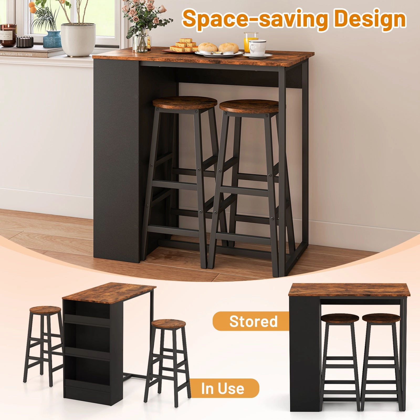 3 Piece Pub Dining Set, Wooden Counter Height Table Set with 2 Bar Stools (Brown)