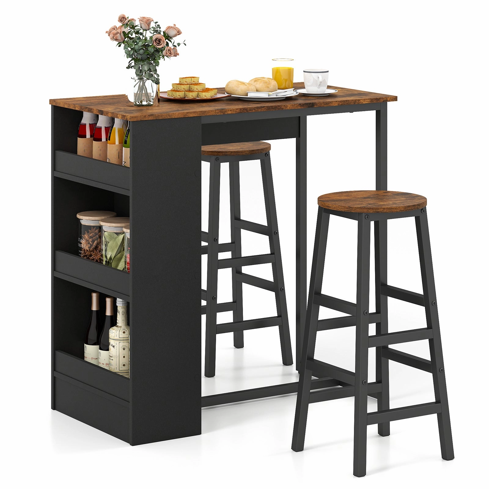 3 Piece Pub Dining Set, Wooden Counter Height Table Set with 2 Bar Stools (Brown) kitchen towel, placemats